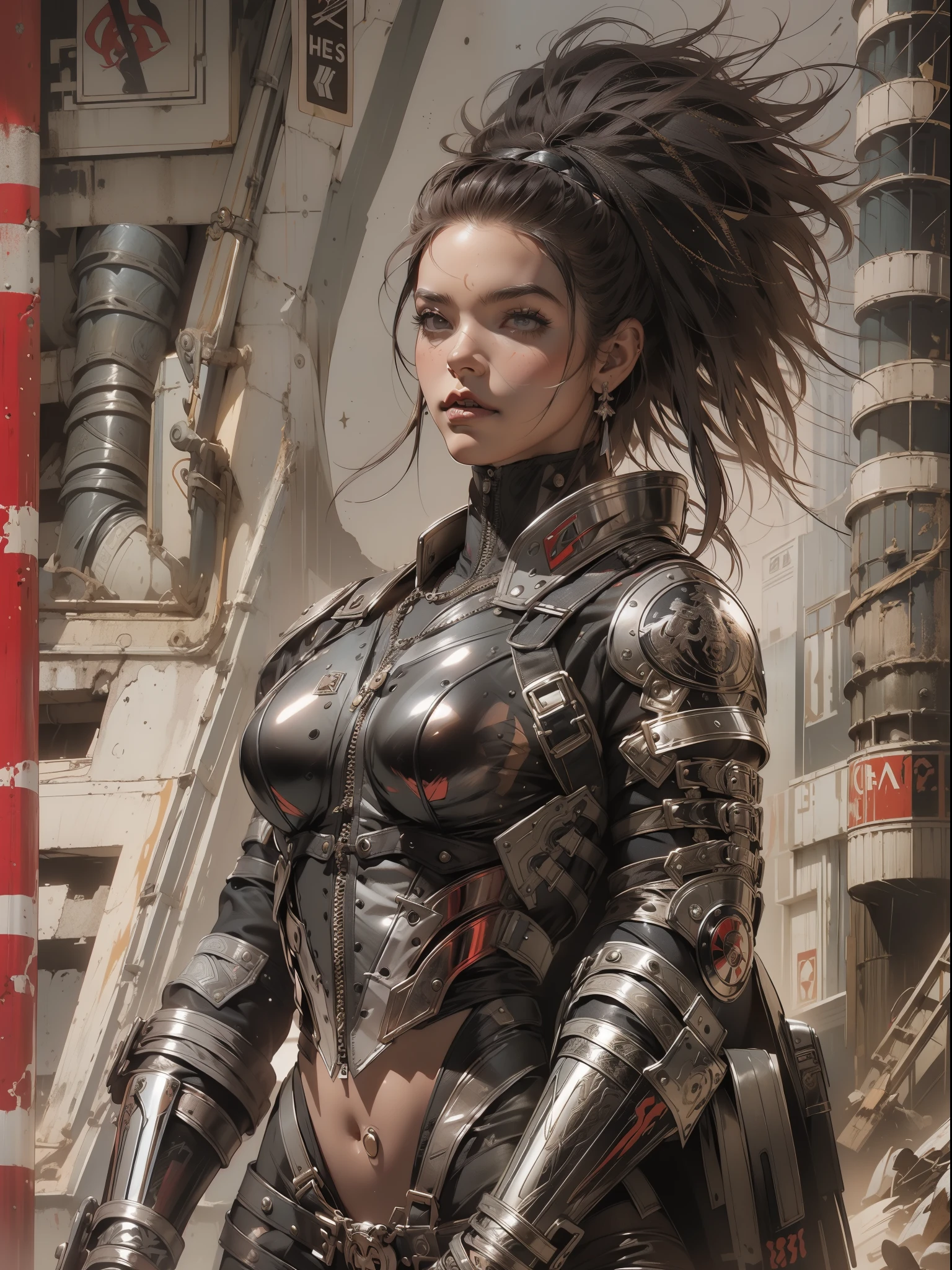 (((mulher))), (((melhor qualidade))), (((obra prima))), (((adulto))), (((1girl))), ((( corte de cabelo moicano ))), Uma gladiadora cyberpunk mulher de 25 anos com corpo perfeito, alien armor, h.r. Estilo Giger, shoulder pads with metal spines, Gladiadores do Brooklyn, (( corte de cabelo moicano )), tiny leather panties, camiseta de time de rugby rasgada, quase nua no estilo selvagem urbano de Simon Bisley para a capa da revista Heavy Metal, Cabelo loiro curto, Minimum clothing, Metal protection on the left arm with intricate graphics, Dark red with white stars and black and white checkerboard pattern, armadura, cheio de pontas e rebites, (((do joelho pra cima))), cabelos loiro branco curto, no fundo uma parede pintada por Shepard Fairey com um design intrincado