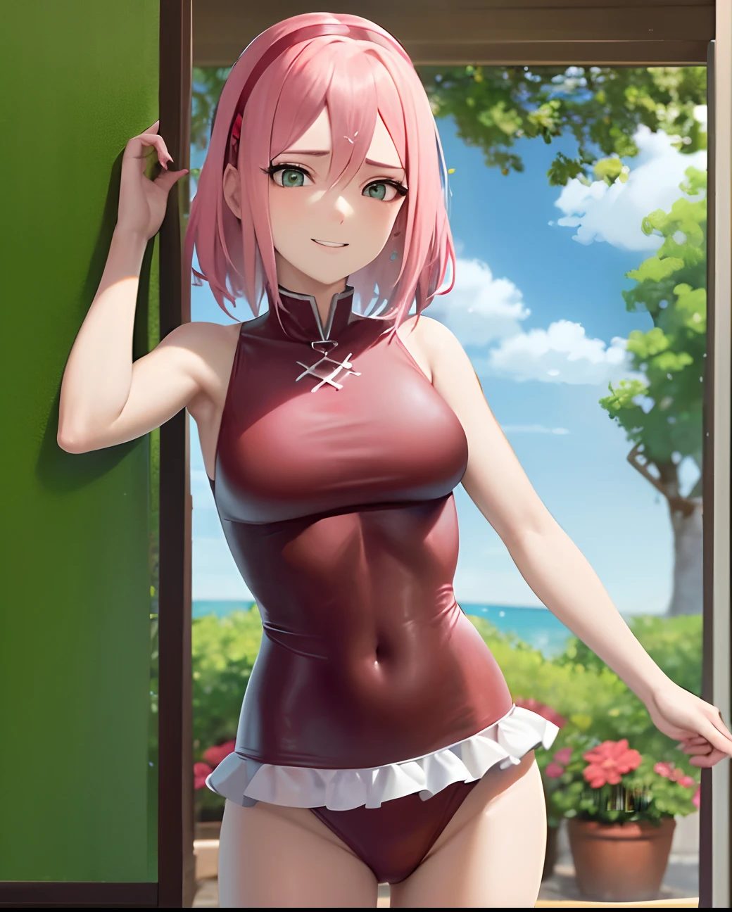 realista, fotorrealista, tiro de cowboy, obra-prima, absurdos, 1girl, haruno sakura, marca na testa, faixa de cabelo vermelha, red sleeveless swimsuit, umbigo, virilha, pulseira, olhando para o espectador, sorriso, flores de cerejeira, jardim privado, vento, flutuando cabelo, seios pequenos,(((quadris largos))), corpo tonificado, olhos detalhados,