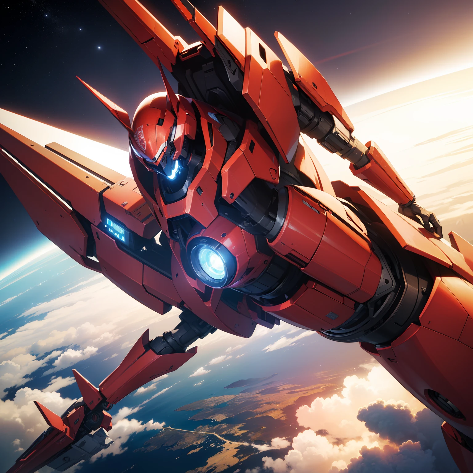 (best quality,ultra-detalhado,Realistic:1.37),(HDR,UHD,studio lighting),Giant red and white mecha with black details in space, com a terra ao fundo.
