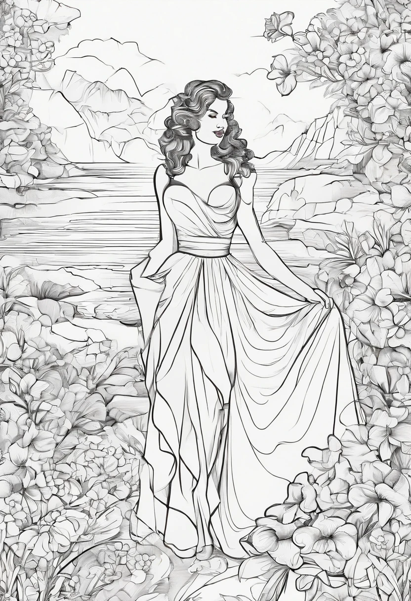 Black and white stick figure 1 girl with daffodil flowers in background, in dress with flowers, its fine ink line art, comic style, portrait of polynesian girl, Marilyn Munroe, Hollywood glam, beautiful line art, black and white comic style, manga style, manga art style, pencil and ink caricature drawing, black and white coloring
