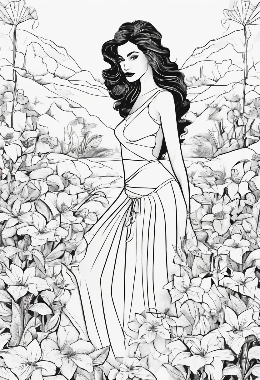 Black and white stick figure 1 girl with daffodil flowers in background, loli in dress with flowers, its fine ink line art, comic style, portrait of polynesian girl, Marilyn Munroe, Hollywood glam, beautiful line art, black and white comic style, manga style, manga art style, pencil and ink caricature drawing, black and white coloring