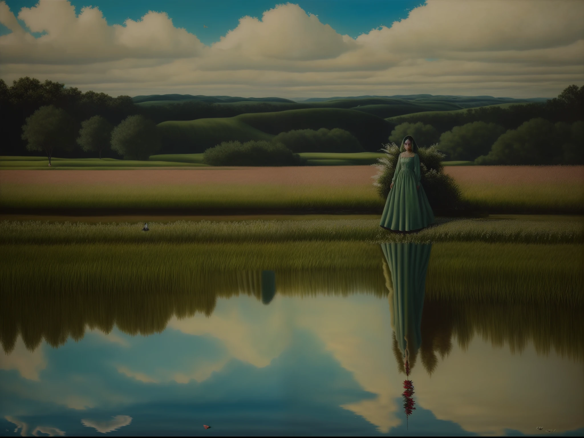 a painting of one woman in a long dress, surrealism, greenery, grass, reflection, detail