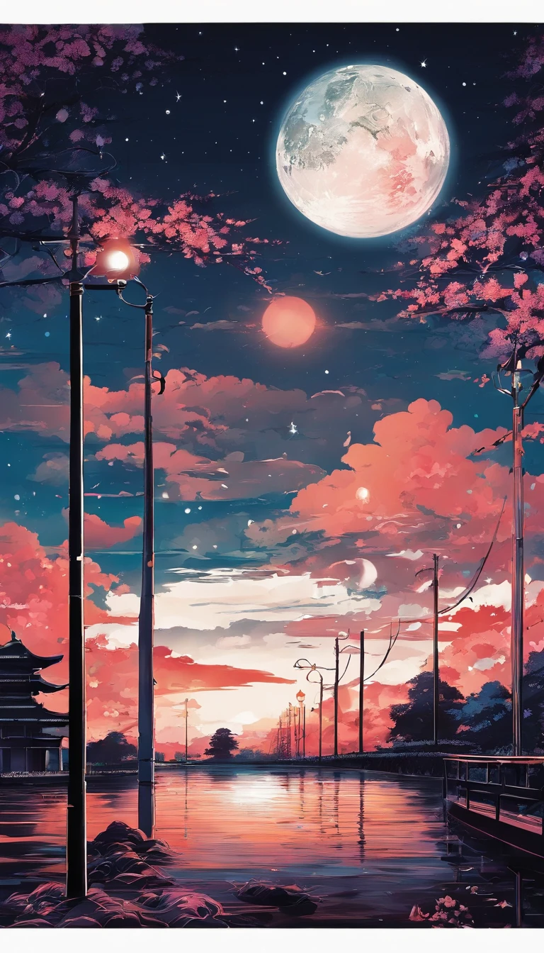 Lovely night view、moonlights、Anime Art Background、There are no people、The tree々、fullmoon