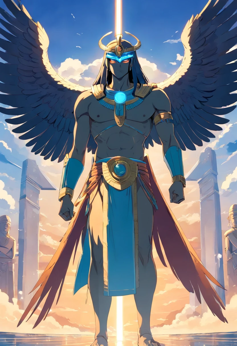 Create the image of the god Horus, God with the head of a hawk and the body of a man, deus forte e poderoso do antigo egito