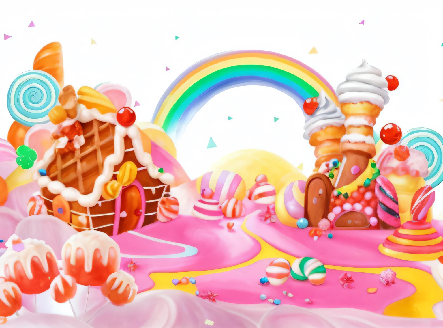 There is a cake with many sweets and sweets, em uma casa estilo terra doce, Candyland, Terra dos Doces, 🐿🍸🍋, Floresta dos Doces, Kawaii decora rainbowcore, imagem de fundo, ❤🔥🍄🌪, arte de fundo, Nas nuvens brancas Fairyland, arte de fundo, rainbow bg, background is celestial