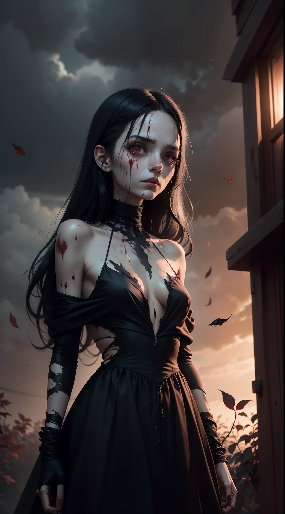 A very pal humanoid character, flying in the dark sky, she is evil, she is skinny, decay, red glowing eyes, fear, terror, frightening, sick, unusually thin, thin, she has long straight black hair, she is wearing a black dress, she is covered in dirt, her dress is ripped, there is blood on her dress, the is blood on her hands, there is blood on her face, it's night time, it's very dark, it's cloudy, it's cold, it's windy, it's fall season, leaves blowing, she is floating, flying