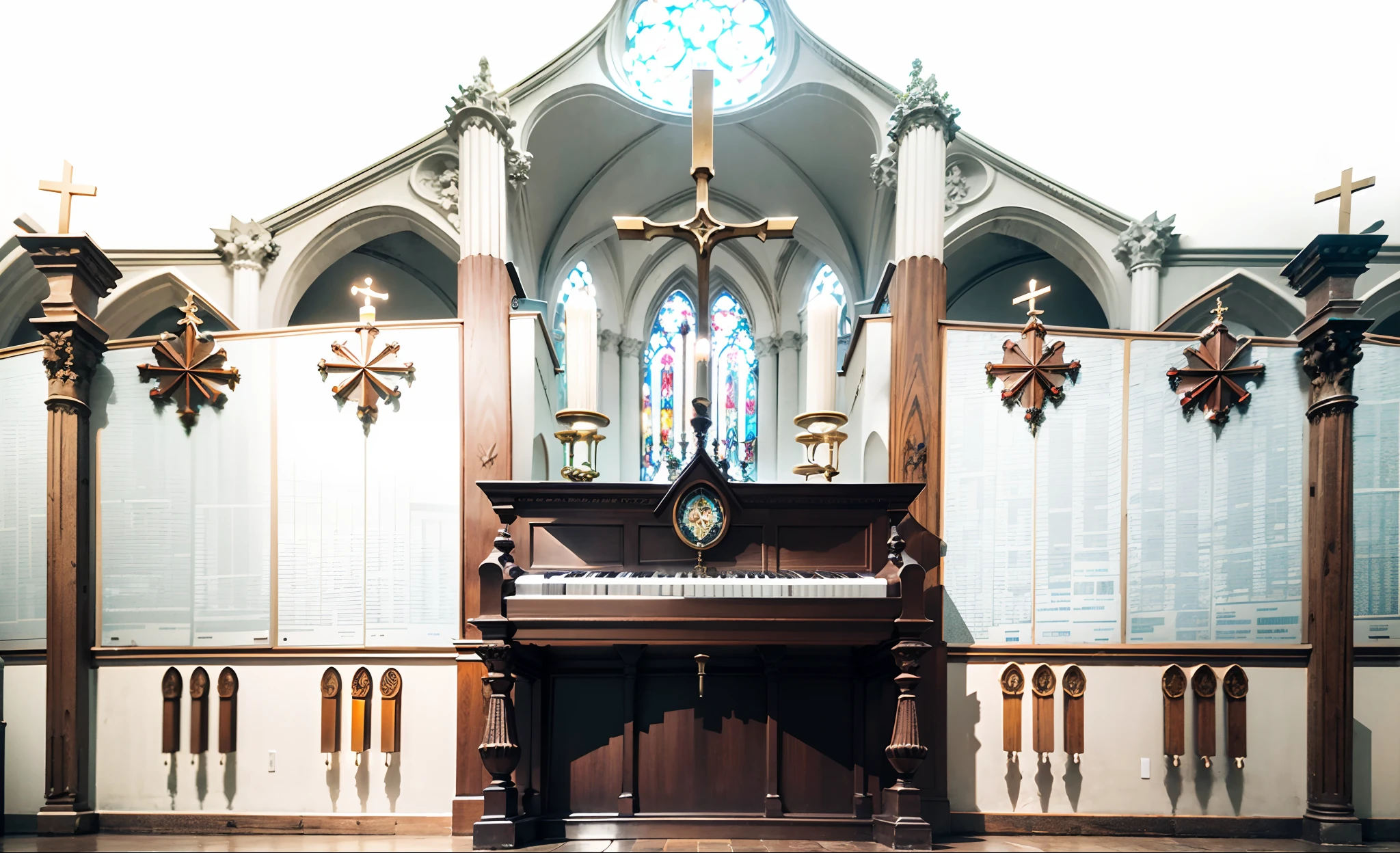 inside a cathedral with huge windows and a candlelit organ