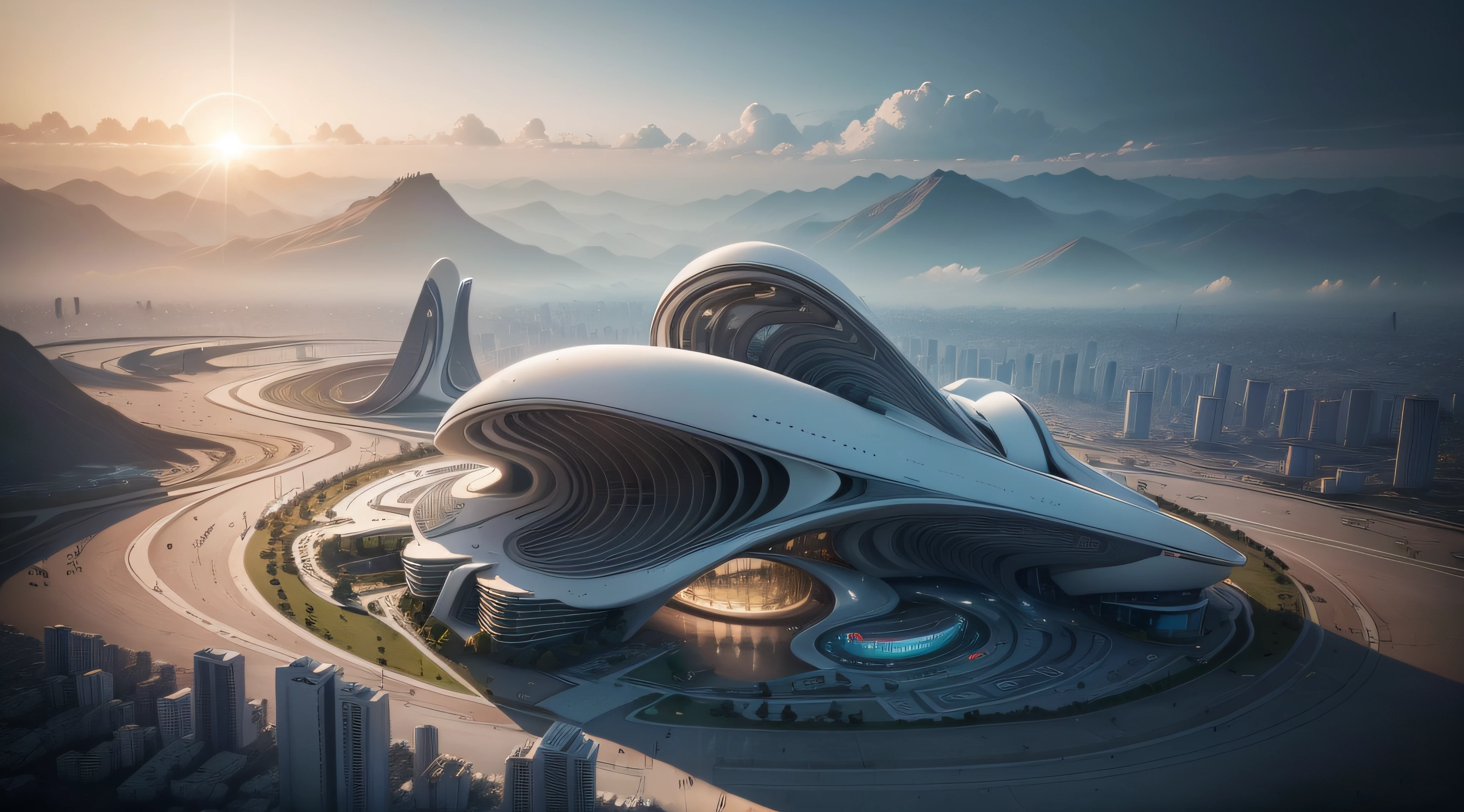 ((master part, melhor qualidade)), 8k, aeroporto visto de cima, estilo de arquitetura futurista zaha hadid, foto realista, cidade sem prediosfoto hiper detalhada, sky clear, sun sunset