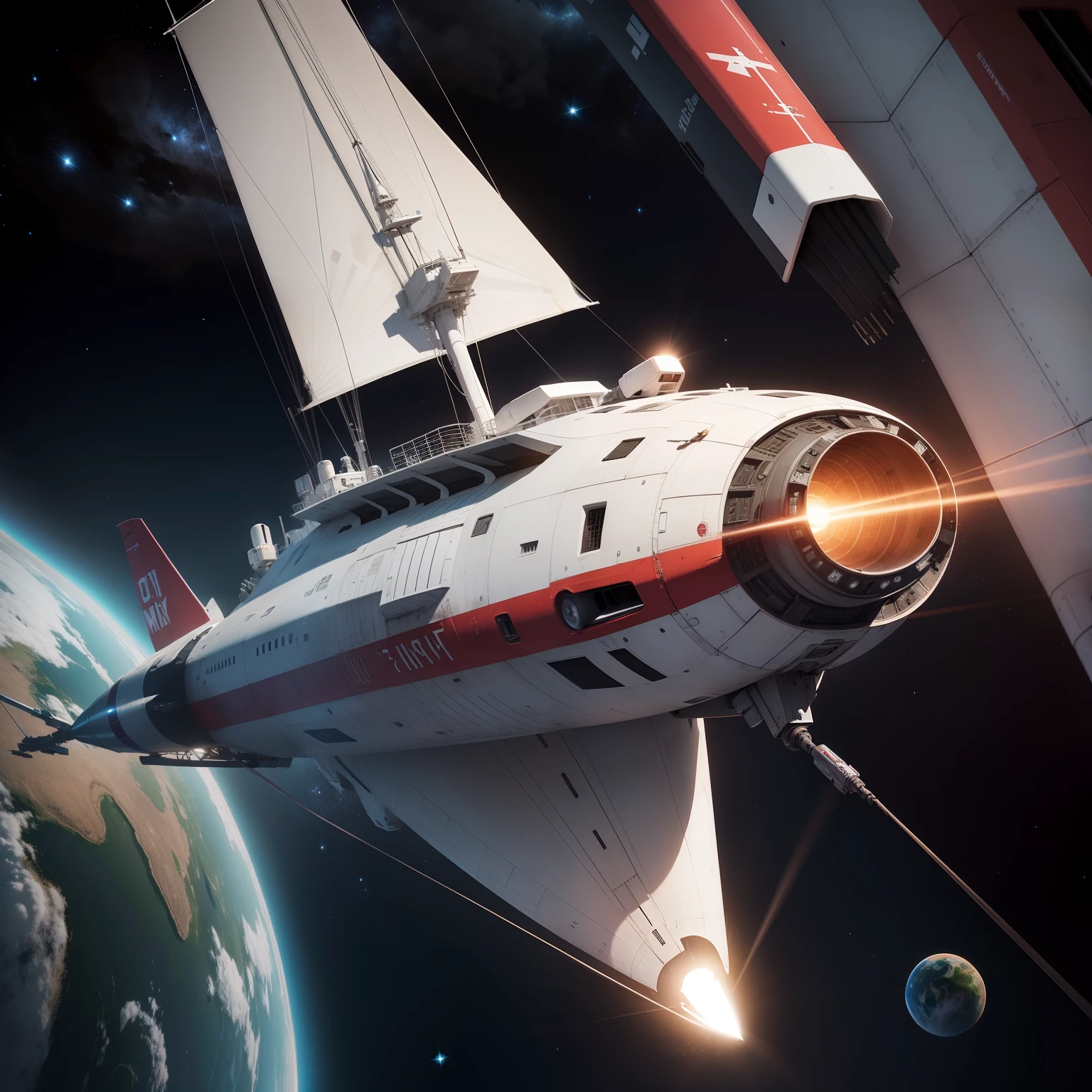 Crie uma nave espacial de 260 metros branco com vermelho com no fundo o planeta Terra