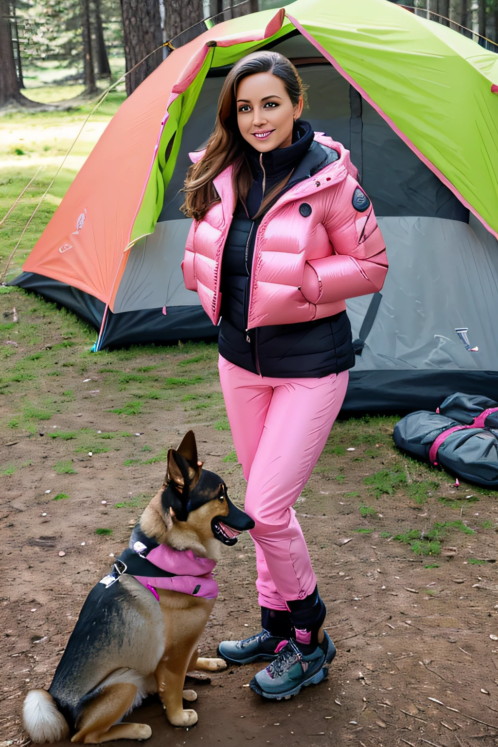 Make a woman with big breast, pink pufferjacket , with open zipper, with face, body, landscape, travelbag, pinkpants. campfire, tent, German Shepard dog