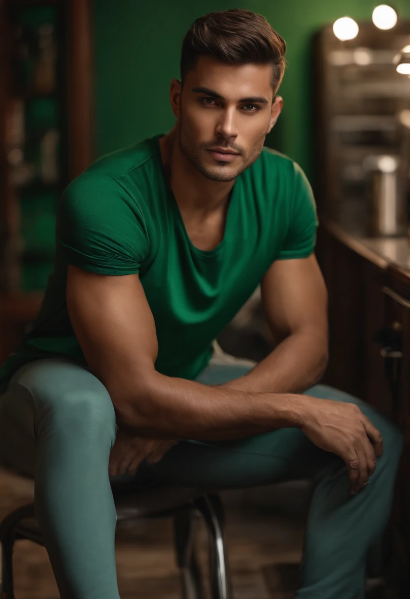 Homem lindo de 25 anos, cabelos curtos, sexy, green shirt and sweatpants, is looking directly at the camera, is sitting in a room