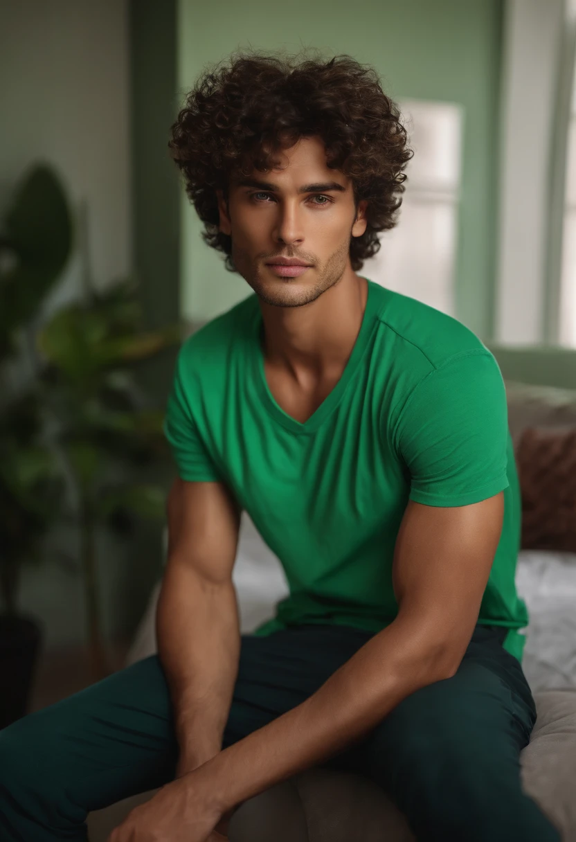 Homem lindo de 25 anos, cabelos curtos, sexy, green shirt and sweatpants, is looking directly at the camera, is sitting in a room