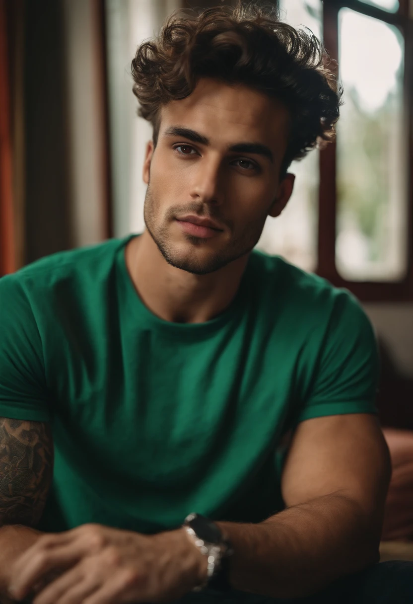 Homem lindo de 25 anos, cabelos curtos, sexy, green shirt and sweatpants, is looking directly at the camera, is sitting in a room