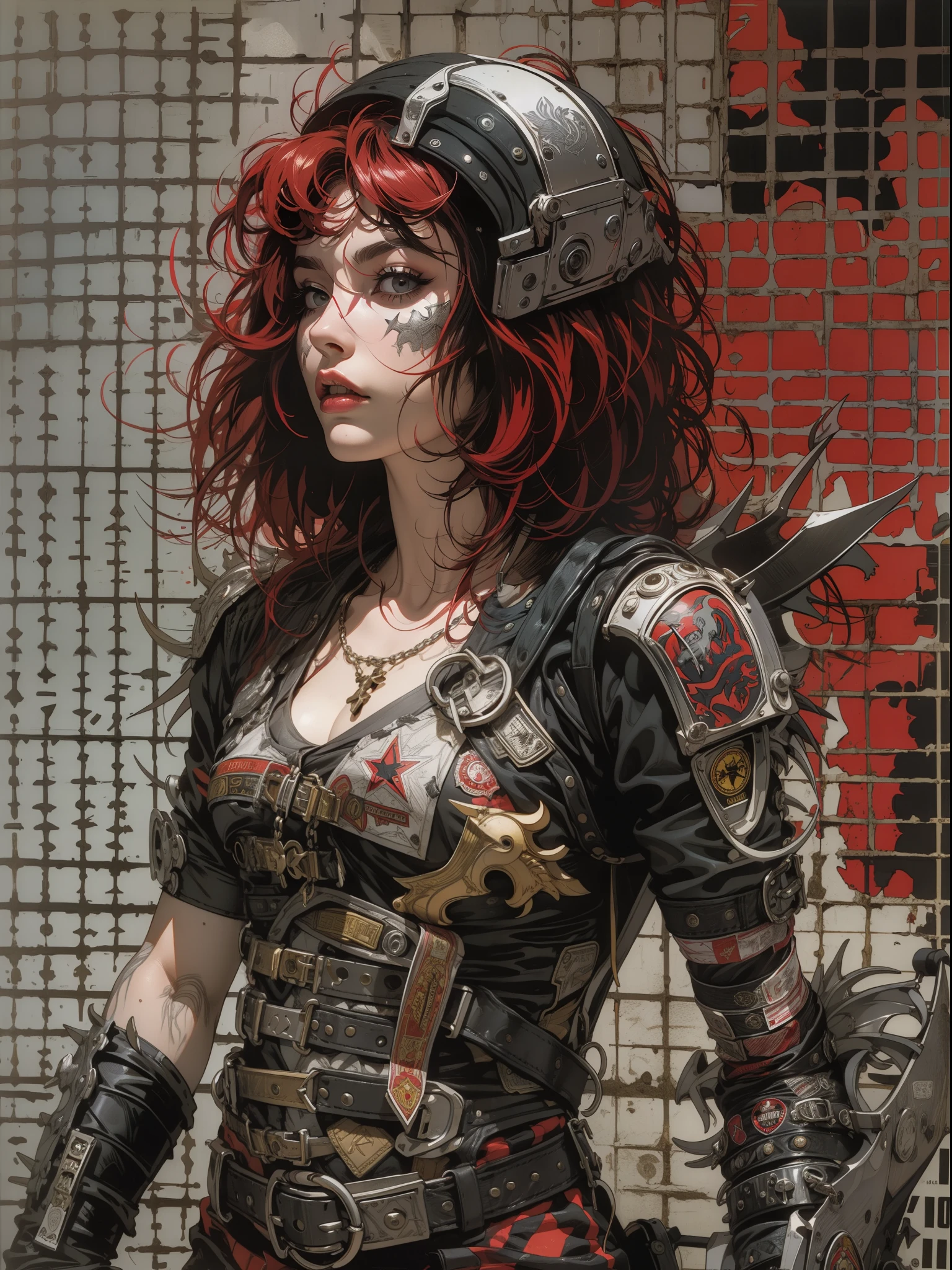 (((mulher))), (((melhor qualidade))), (((obra prima))), (((adulto))), (((1girl))), ((( corte de cabelo bob ))), Uma gladiadora cyberpunk mulher de 25 anos com corpo perfeito, shoulder pads with metal spines, Gladiadores do Brooklyn, (( corte de cabelo bob )), tiny leather panties, camiseta de time de rugby rasgada, quase nua no estilo selvagem urbano de Simon Bisley para a capa da revista Heavy Metal, Cabelo loiro curto, Minimum clothing, Metal protection on the left arm with intricate graphics, Dark red with white stars and black and white checkerboard pattern, armadura, cheio de pontas e rebites, (((do joelho pra cima))), cabelos loiro branco curto, no fundo uma parede pintada por Shepard Fairey com um design intrincado
