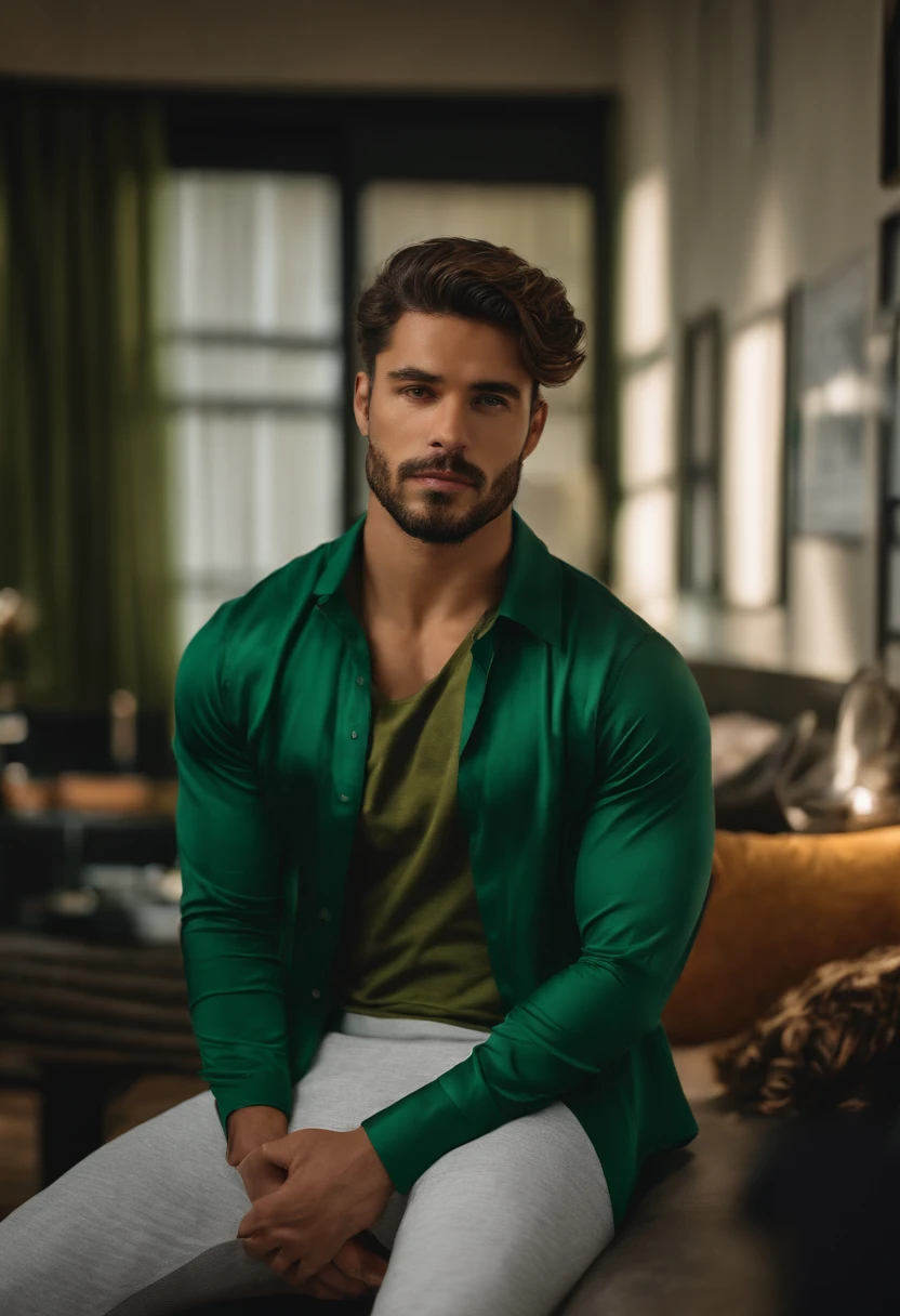 Homem lindo de 25 anos, cabelos curtos, sexy, green shirt and sweatpants, is looking directly at the camera, is sitting in a room