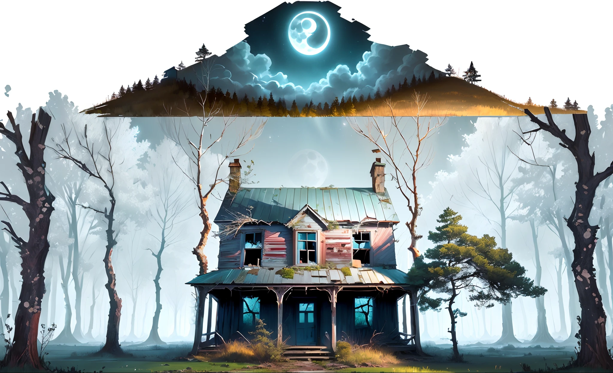 an abandoned old house in the forest by moonlight.