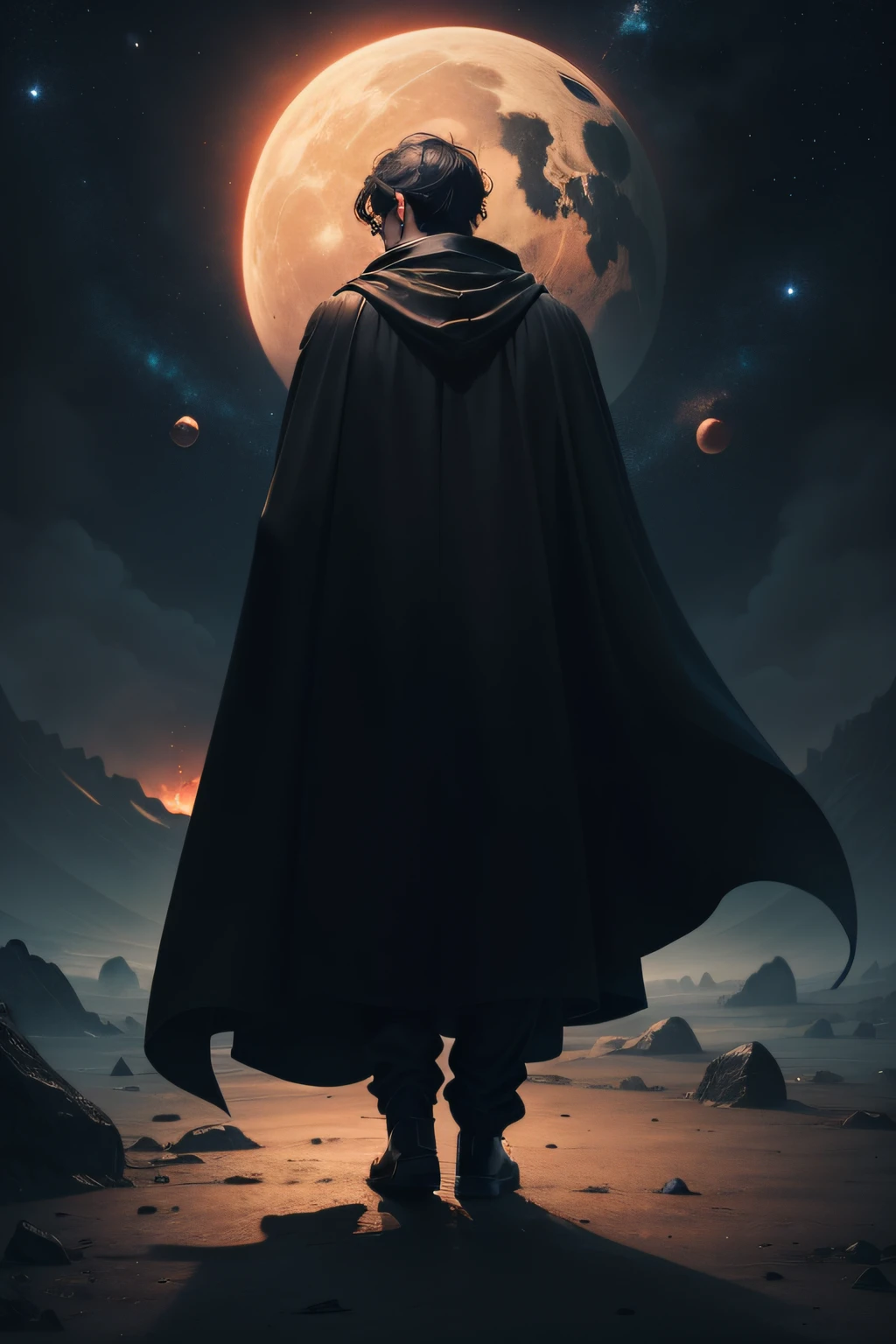 A man in a black cloak with his back against the background of planets