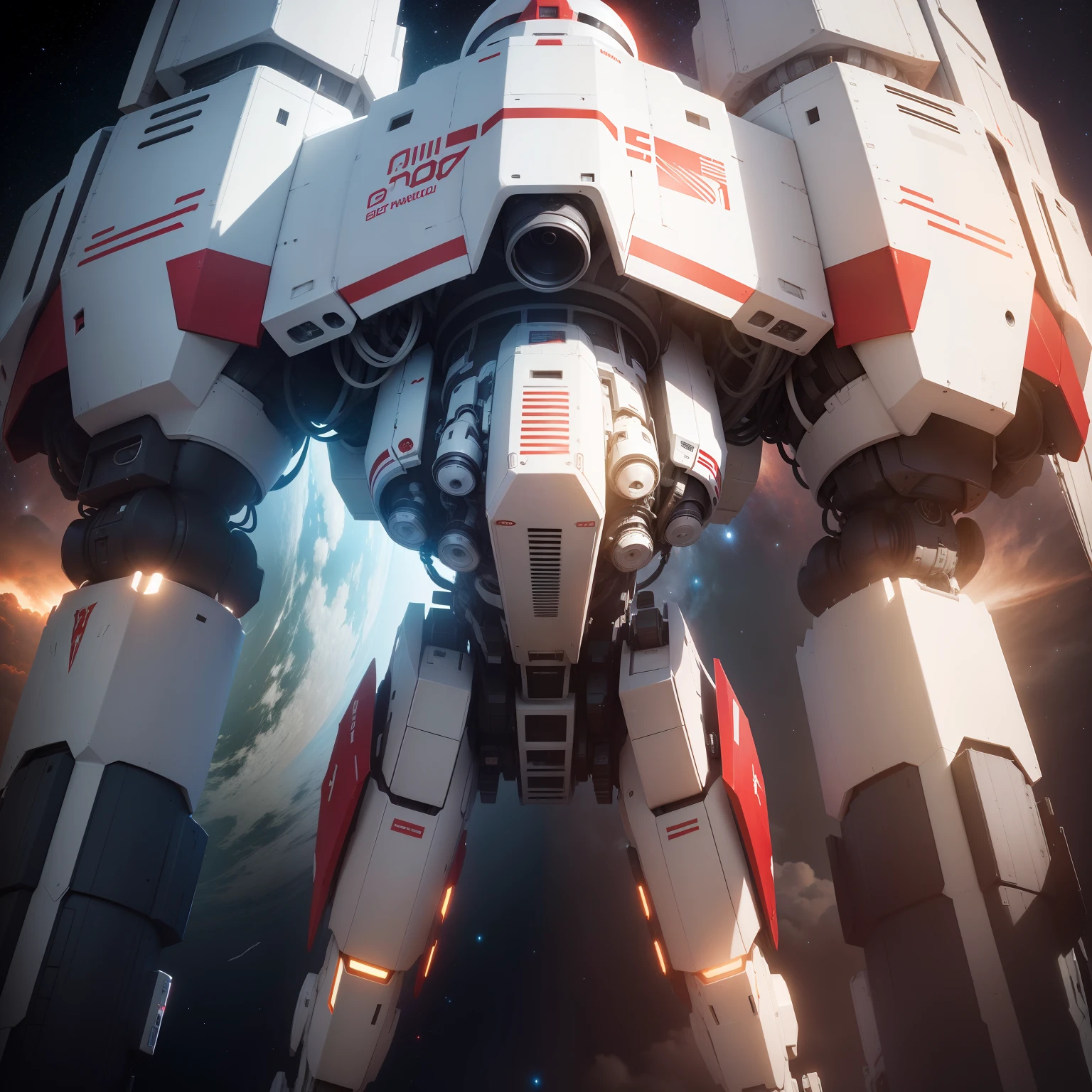 Create a giant 280-meter-tall mecha of white color with red in space, no fundo coloque o planeta terra