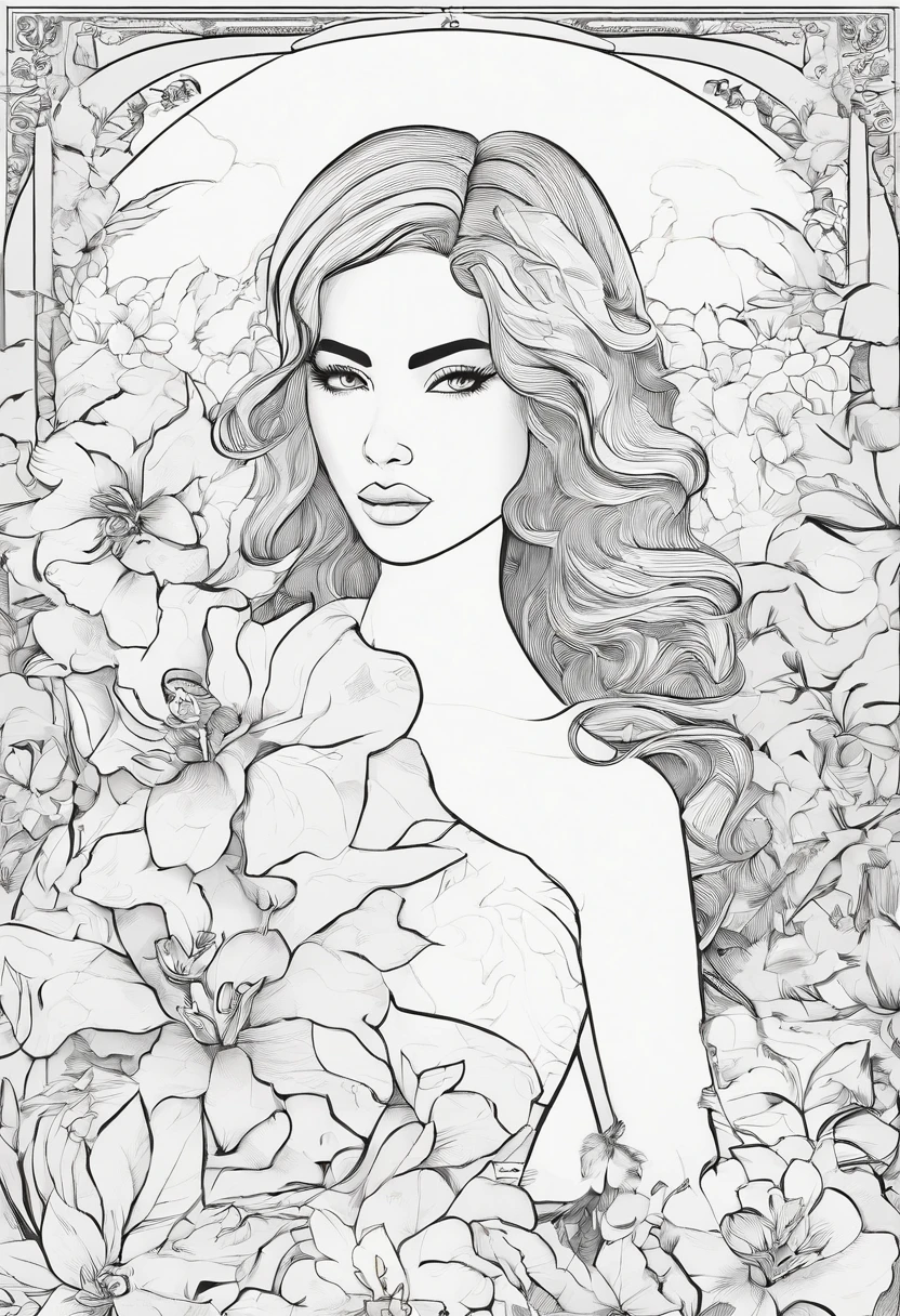 Black and white stick figure 1 girl with daffodil flowers in background, loli in dress with flowers, its fine ink line art, comic style, portrait of polynesian girl, Marilyn Munroe, Hollywood glam, beautiful line art, black and white comic style, manga style, manga art style, pencil and ink caricature drawing, black and white coloring