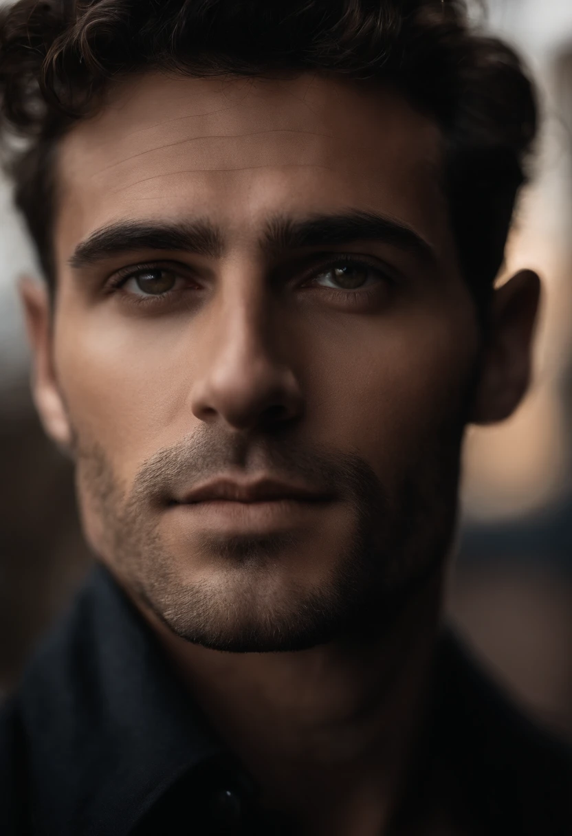mbres sensuelles: The enigmatic handsome man look - Immerse yourself in sensual shadows with an extreme close-up that highlights striking eyes and short, curly brown hair, (shaven:1.3). The mastery of light and shadow adds depth to its masculine aspect in this dramatic composition... Captured with a Fujifilm GFX 100S and a Fujinon GF 63mm f/2.Objectif 8 R WR --ar 9:16 --s 350 --c 10 --style brut