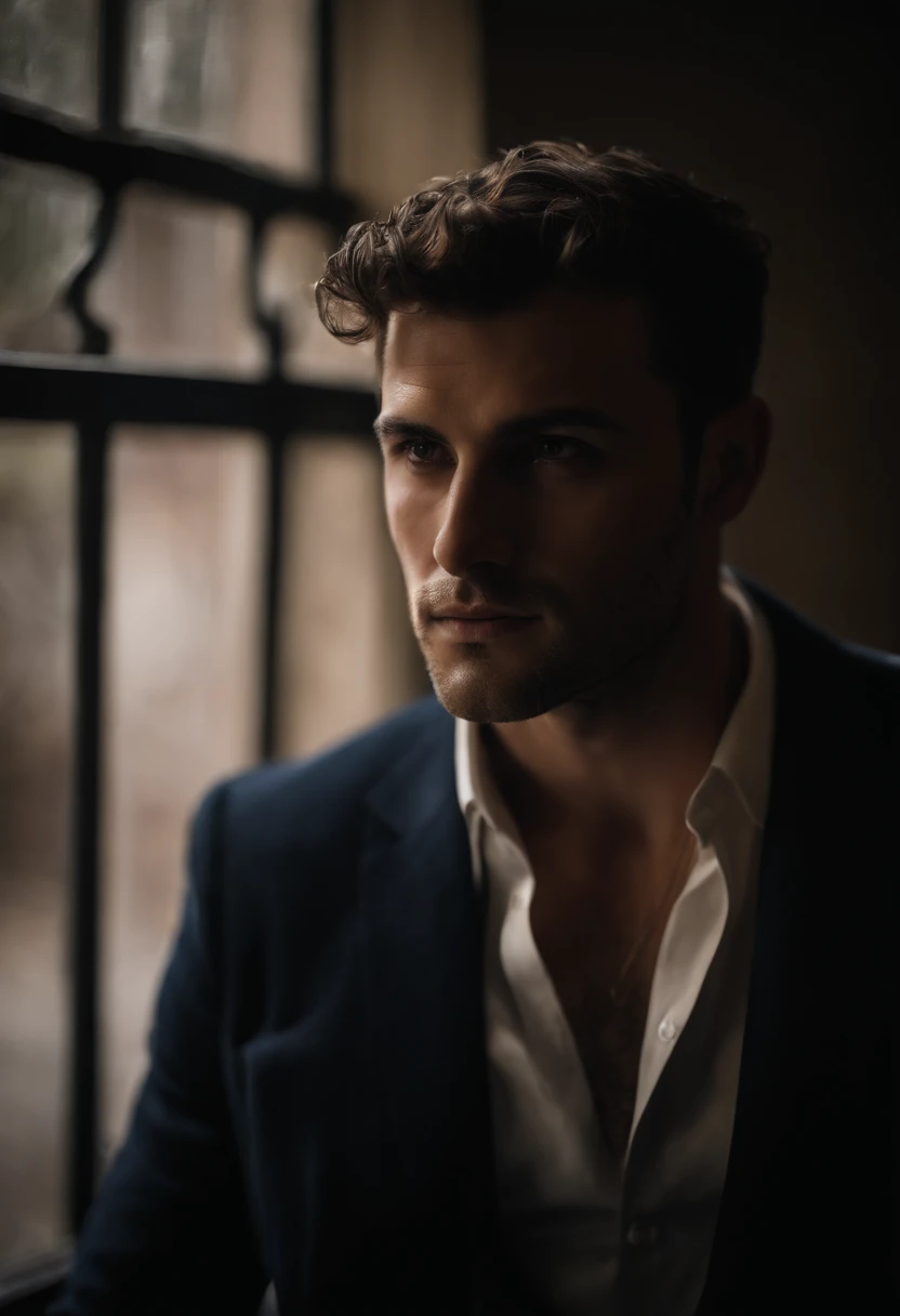 mbres sensuelles: The enigmatic handsome man look - Immerse yourself in sensual shadows with an extreme close-up that highlights striking eyes and short, curly brown hair, (shaven:1.3). The mastery of light and shadow adds depth to its masculine aspect in this dramatic composition... Captured with a Fujifilm GFX 100S and a Fujinon GF 63mm f/2.Objectif 8 R WR --ar 9:16 --s 350 --c 10 --style brut
