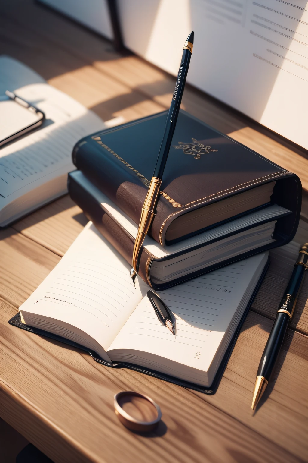 "Descreva uma imagem de um caderno aberto, placed on a wooden table with an aerial view. The notebook is positioned in the center of the table, with pages tilted slightly to the right. Na capa do caderno, there is a label with the word "Thermodynamics" written in large, elegant letters.
A mesa de madeira possui uma textura natural, with visible veins and nodes. It is in a shade of dark brown, giving a sense of depth and solidity. A luz do ambiente ilumina suavemente a mesa, criando sombras sutis.
Ao redor do caderno, There are some accessories related to thermodynamics, as a ruler, a thermometer and a pen. The ruler is positioned horizontally on the right side of the notebook, while the thermometer is placed diagonally to the left. A caneta fica logo acima do caderno, como se estivesse pronta para ser usada.
The image is sharp and detailed, permitindo ao espectador ver claramente as linhas e margens do caderno, as well as the position of objects on the table. The composition of the image is balanced and attractive, conveying the importance and seriousness of the study of thermodynamics.
Use your creativity to add other elements to the image, like a cup of coffee next to the table or a study environment in the background. Remember to include details that help convey the academic atmosphere and importance of the subject.
Agora, write your detailed description or, se preferir, Create an illustration of the image as described. Have fun creating your thermodynamics scenario from above!"