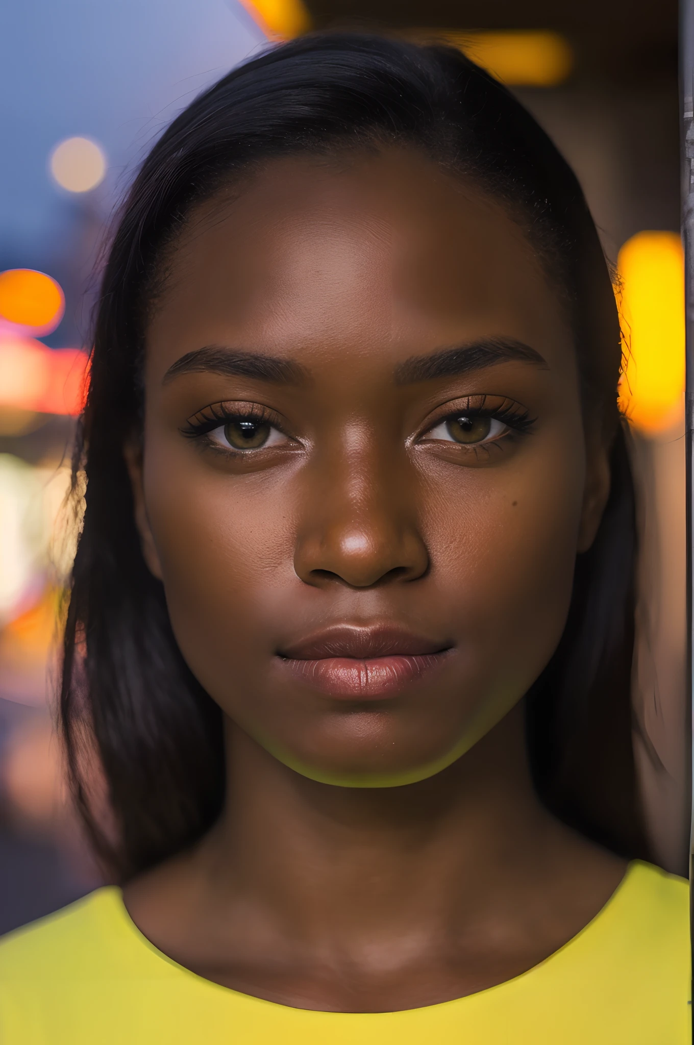 (selfie shot, from above: 1.4), (half-body portrait: 1.4), 24-year-old blonde (blue-eyed woman) walking in a bar RAW uhd portrait photo, natural breast_b, city background at night, (yellow sundress), (crack), detailed (texture!, hair!, shine, color!!, flaws: 1.1), highly detailed glowing eyes, (looking at camera), specular light, dslr, extreme quality, sharp focus, sharp, dof, Film grain, (centered), Fujifilm XT3, crystal clear, center of frame, cute face, sharp focus, street lamp, neon lights, bokeh, (dark light), low key, night, (night sky ) detailed skin pores, oil Dark skin, brown, complex eye details