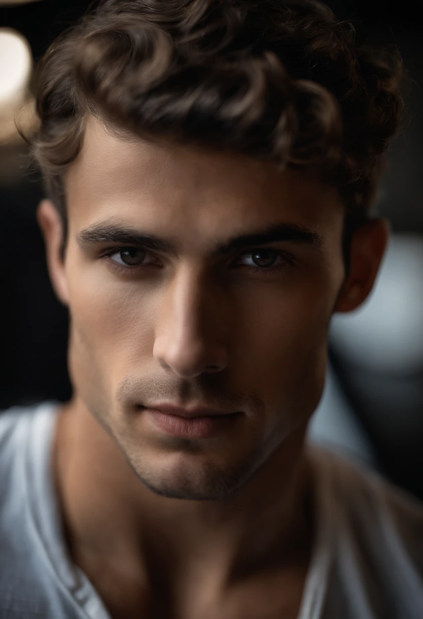 mbres sensuelles: The Handsome Enigmatic Look - Immerse yourself in sensual shadows with an extreme close-up that highlights the striking and short eyes, short curly brown hair, (shaven:1.3). The mastery of light and shadow adds depth to its masculine aspect in this dramatic composition.... Captured with a Fujifilm GFX 100S and a Fujinon GF 63mm f/2.Objectif 8 R WR --ar 9:16 --s 350 --c 10 --style brut