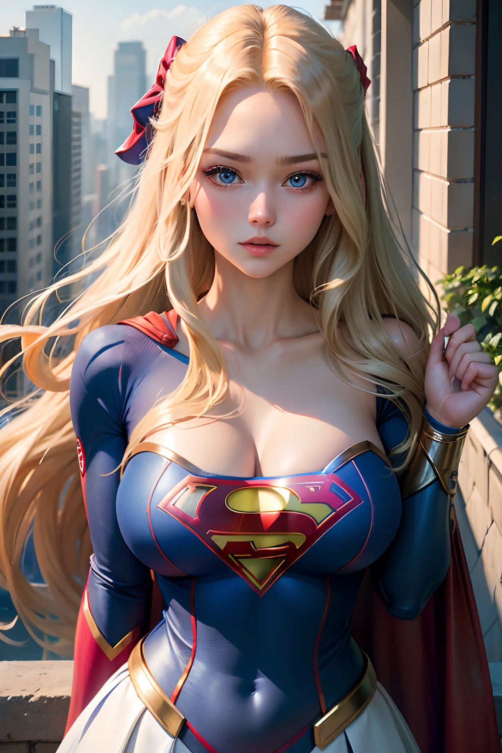 ((best quality, masterpiece, absurdress) , supergirl , 19 years old,long blonde hair, voluminous hair, loose hair, blue expressive eyes,huge breasts, korean school uniform supergirl terrace of a building, view of other buildings ,day