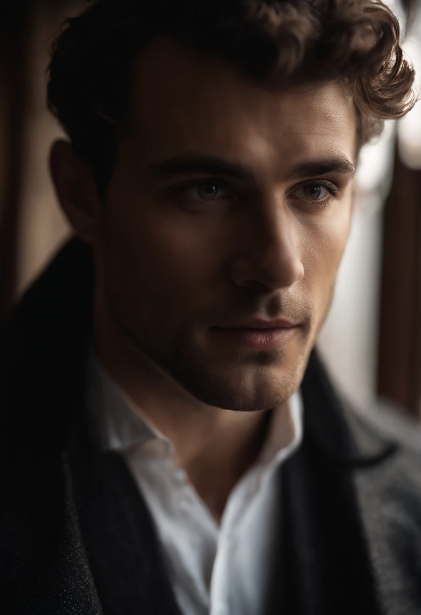 mbres sensuelles: The enigmatic handsome man look - Immerse yourself in sensual shadows with an extreme close-up that highlights striking eyes and short, curly brown hair, (shaven:1.3). The mastery of light and shadow adds depth to its masculine aspect in this dramatic composition... Captured with a Fujifilm GFX 100S and a Fujinon GF 63mm f/2.Objectif 8 R WR --ar 9:16 --s 350 --c 10 --style brut