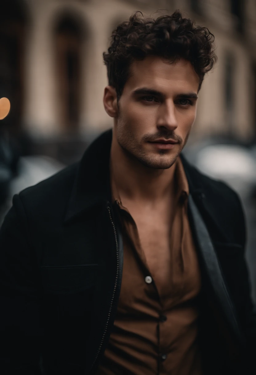 mbres sensuelles: The enigmatic handsome man look - Immerse yourself in sensual shadows with an extreme close-up that highlights striking eyes and short, curly brown hair, (shaven:1.3). The mastery of light and shadow adds depth to its masculine aspect in this dramatic composition... Captured with a Fujifilm GFX 100S and a Fujinon GF 63mm f/2.Objectif 8 R WR --ar 9:16 --s 350 --c 10 --style brut