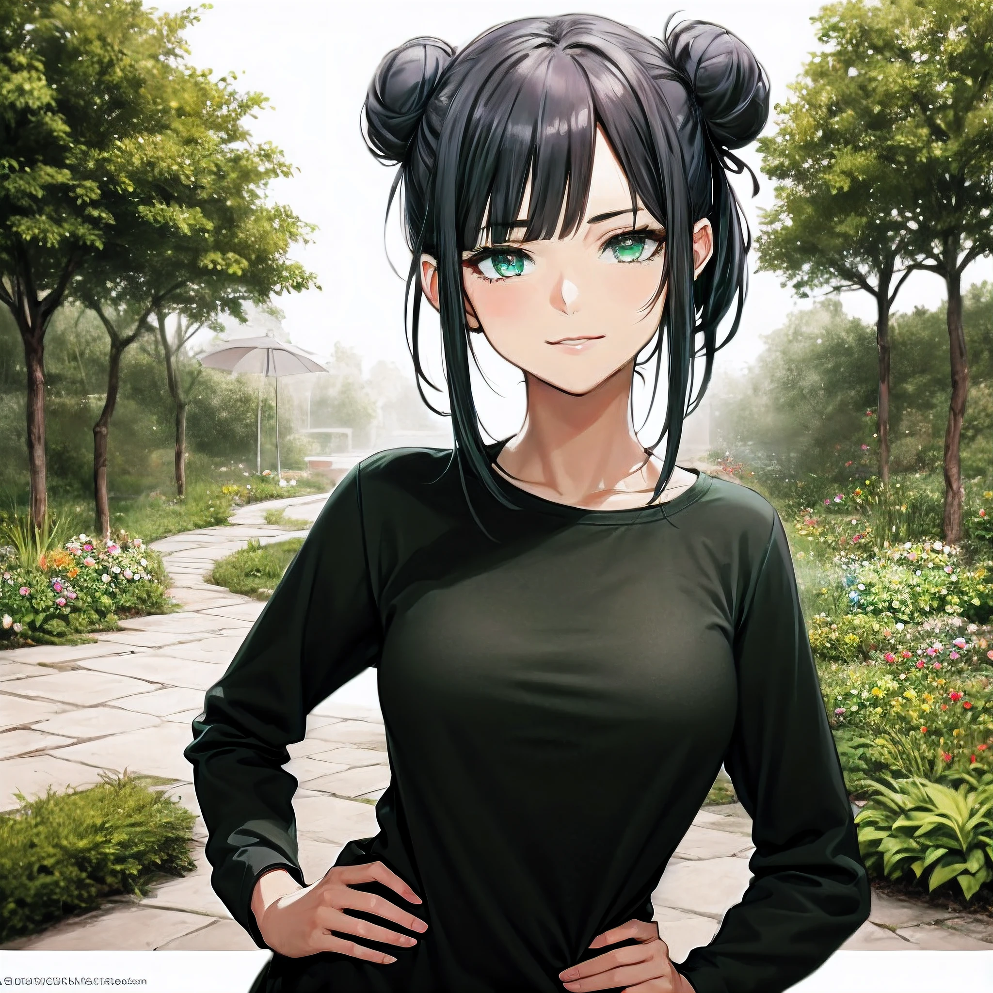 Best quality, masterpiece, ultra high res, (photorealistic:1.4), (((1girl:2))), ((nice garden background:2)),(sunshine),((blue sky:1.5)), ((solo)),((upper body:1.5)),(Make Subject the focal point of the background),(Center the image around),(((masterpiece))), (((best quality))), ((ultra-detailed)), (highly detailed CG illustration), ((an extremely delicate and beautiful)),((Dark grayish brown t-shirt:1.5)), ((plain t-shirt:1.5)),((long sleeves:1.5)),(Casual T-shirt),(From slight side:1.5), (The side of one arm is visible),(very loose T-shirt:1.2), (plain t-shirt), portrait of an anime girl, (t-shirt without patterns:1.5), ((t-shirt without logo:1.6)), t-shirt,1girl, solo,Dark grayish hair, green eyes, looking at viewer,smiling,bad-girl,anime girl with twin bun hairstyle, (One hand on her hip:1.4), ((double bun hair:1.3)), ((medium breasts:1.3)), cute natural anime face, detailed anime soft face, cute anime face, flat anime style shading, face anime portrait, made with anime painter studio, semirealistic anime style, perfect anime face, extremely cute anime girl face, high detailed face anime, pretty anime face, semi realistic anime, detailed anime face, hyperdetailed face, ultra fine skin, photorealistic image, Detailed faces, detailed hairs, Detailed eyes,detailed nose, Sharp images, (8K, Best quality, Masterpiece: 1.2), Professional lighting