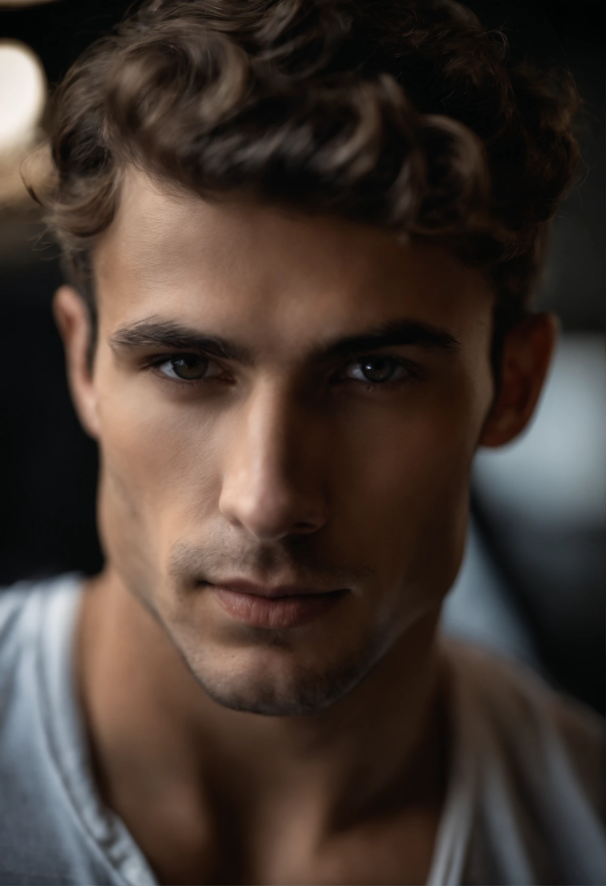 mbres sensuelles: The Handsome Enigmatic Look - Immerse yourself in sensual shadows with an extreme close-up that highlights the striking and short eyes, short curly brown hair, (shaven:1.3). The mastery of light and shadow adds depth to its masculine aspect in this dramatic composition.... Captured with a Fujifilm GFX 100S and a Fujinon GF 63mm f/2.Objectif 8 R WR --ar 9:16 --s 350 --c 10 --style brut