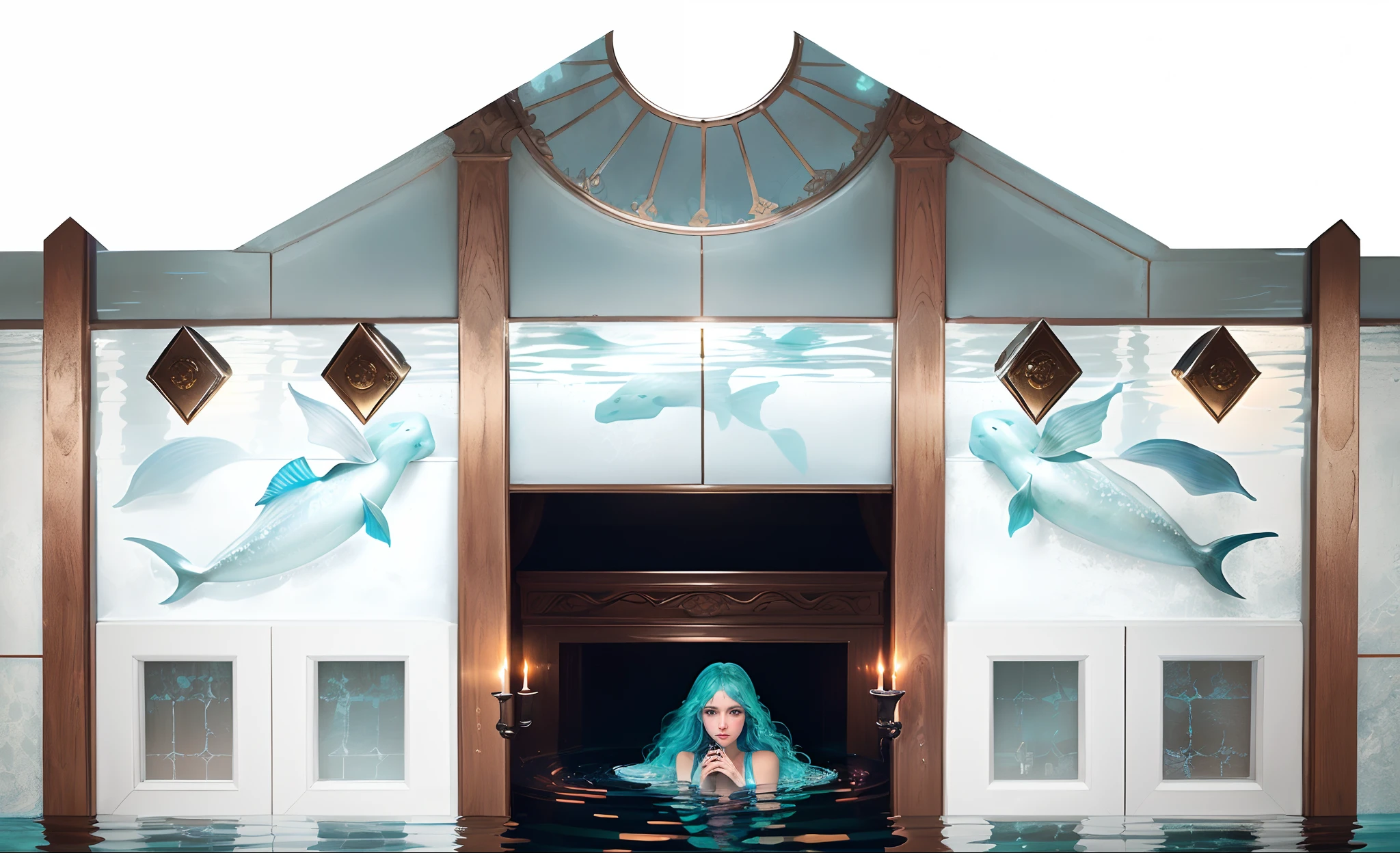 A mermaid in the murky water looks through the pane of an ornate, cuboid glass basin that stands in the center of a dark room, lit only by candlelight.