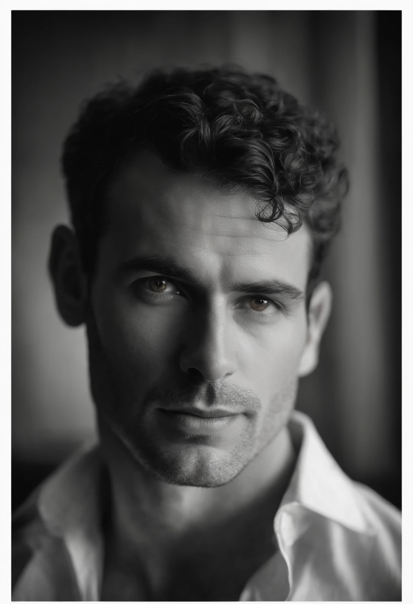 Ombres sensuelles: The Handsome Enigmatic Look - Immerse yourself in sensual shadows with an extreme close-up that highlights striking and short eyes, curly short brown hair, (shaven:1.3), 40 years old . The mastery of light and shadow adds depth to its masculine aspect in this dramatic composition..... Captured with a Fujifilm GFX 100S and a Fujinon GF 63mm f/2.Objectif 8 R WR --ar 9:16 --s 350 --c 10 --style brut