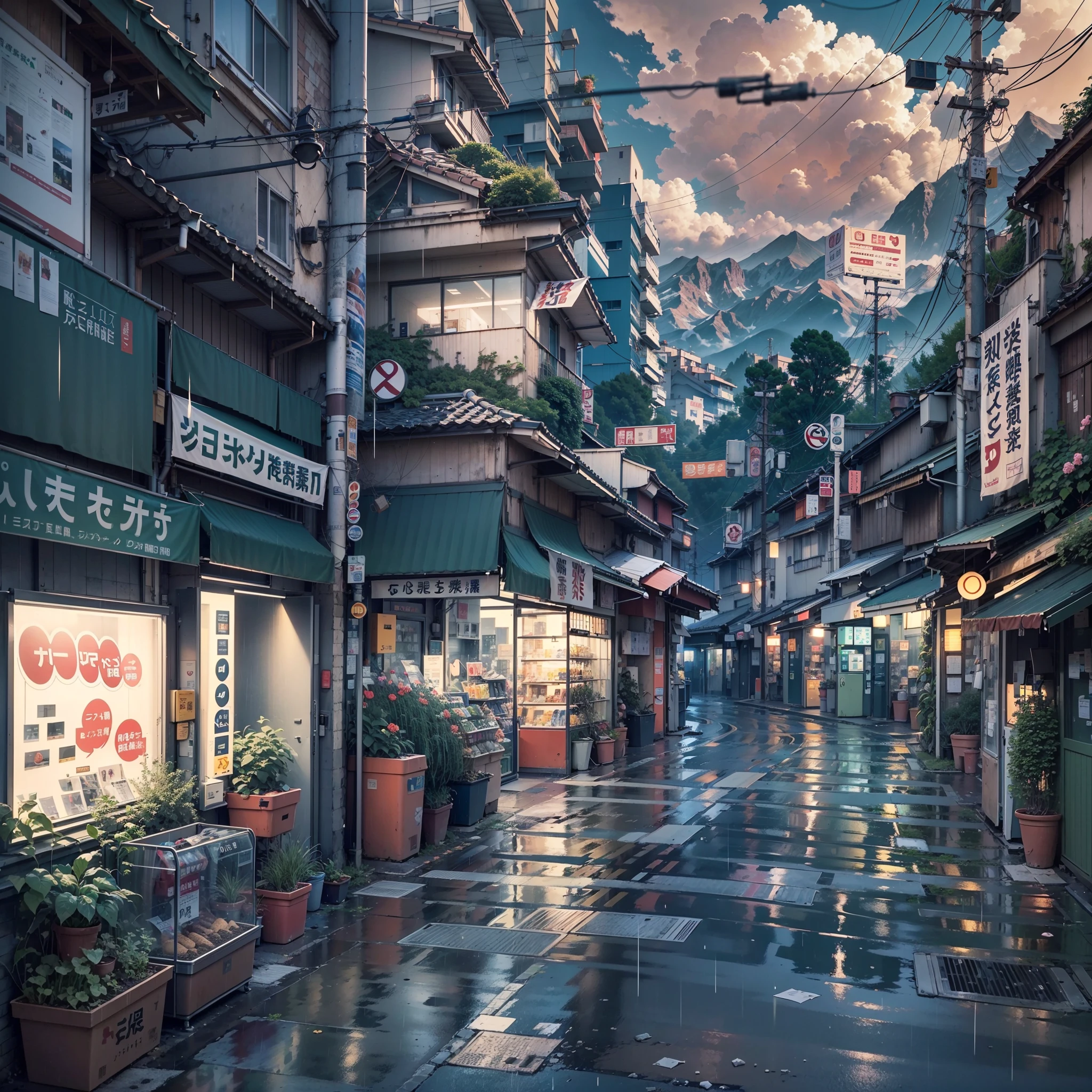 anime background, anime, anime style, lofi, lofi style. empty Modern Japanese street, Japanese shops, modern Japanese apartments. big retro Japanese banners and shop signs. plant pots, air vents, wires, gutters, vending machines, trash cans. rain, raining, heavy rain, gloomy weather, dramatic clouds. best quality. (no one: 1), no one, no one in sight, no people.  wide angle. slightly overgrown. mountains in the background