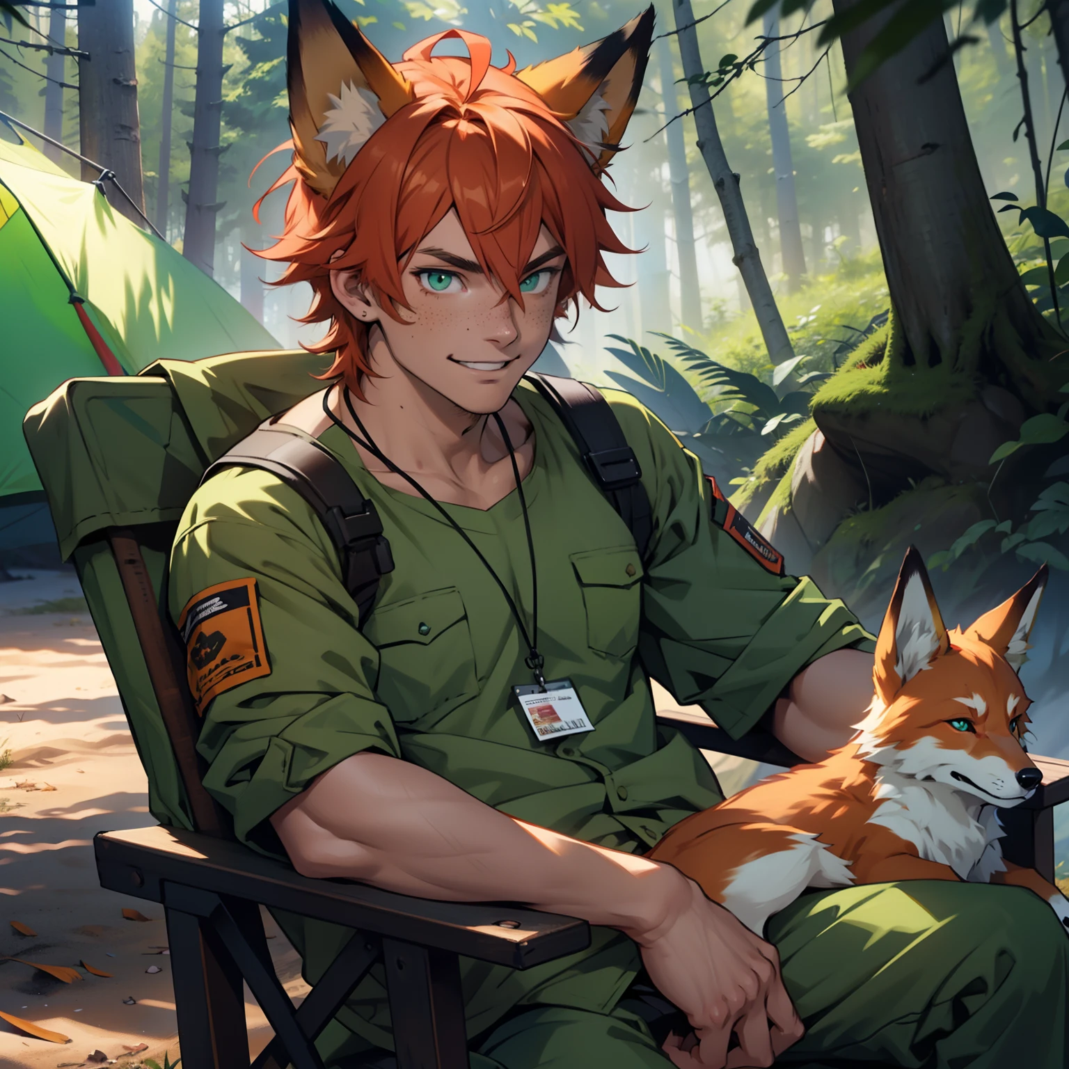 Solo, anime, male, muscular, gringer hair, short hair, fox ears, fox tail, green eyes, faint freckles on face, no body hair, smiling, wearing dog tags, wearing camping clothes, sitting in a camp chair next to a camp fire in the woods