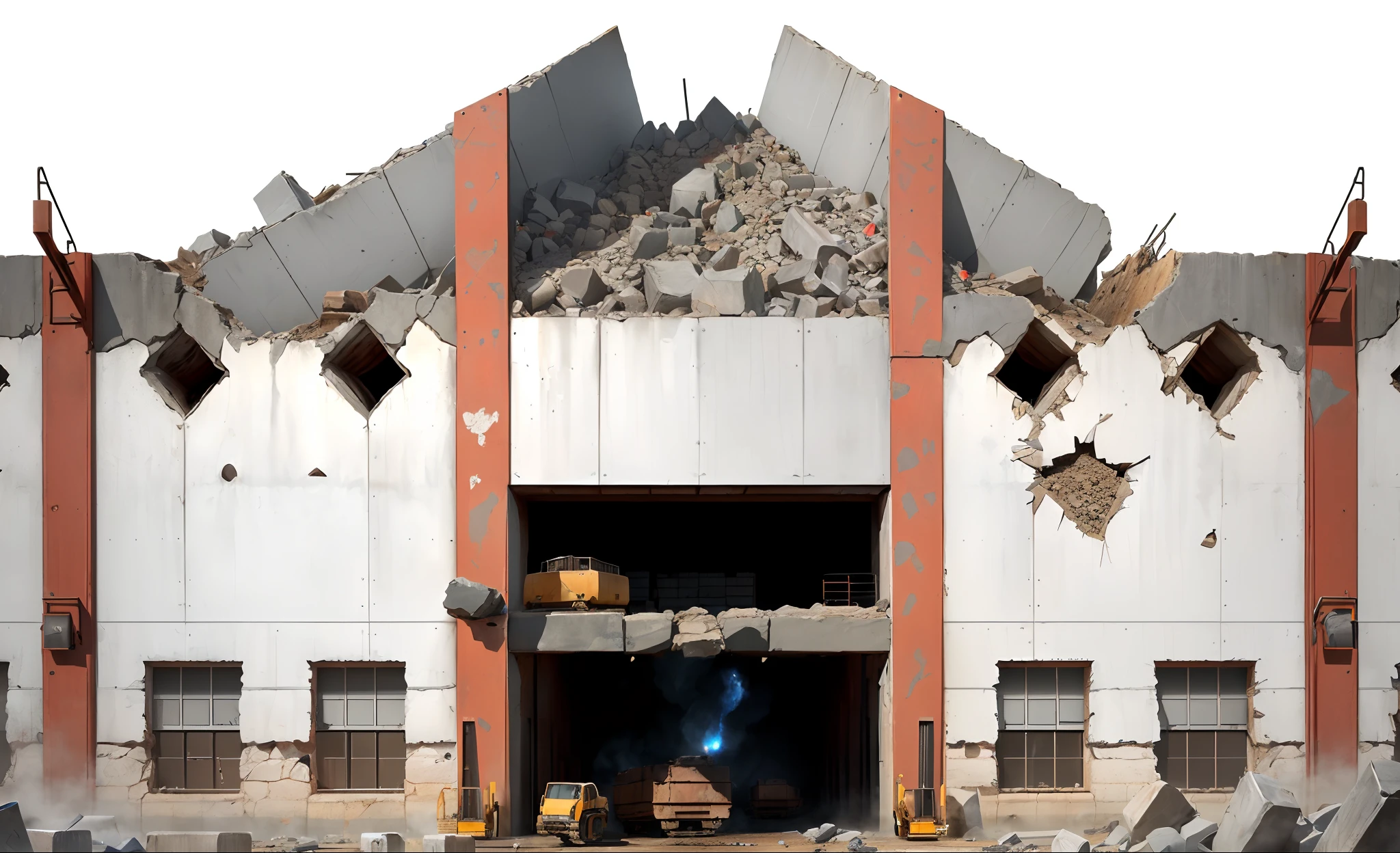 a miner's mine with a lot of rubble and machine tools that transport wagons with gems and coal, explosive charges on the walls