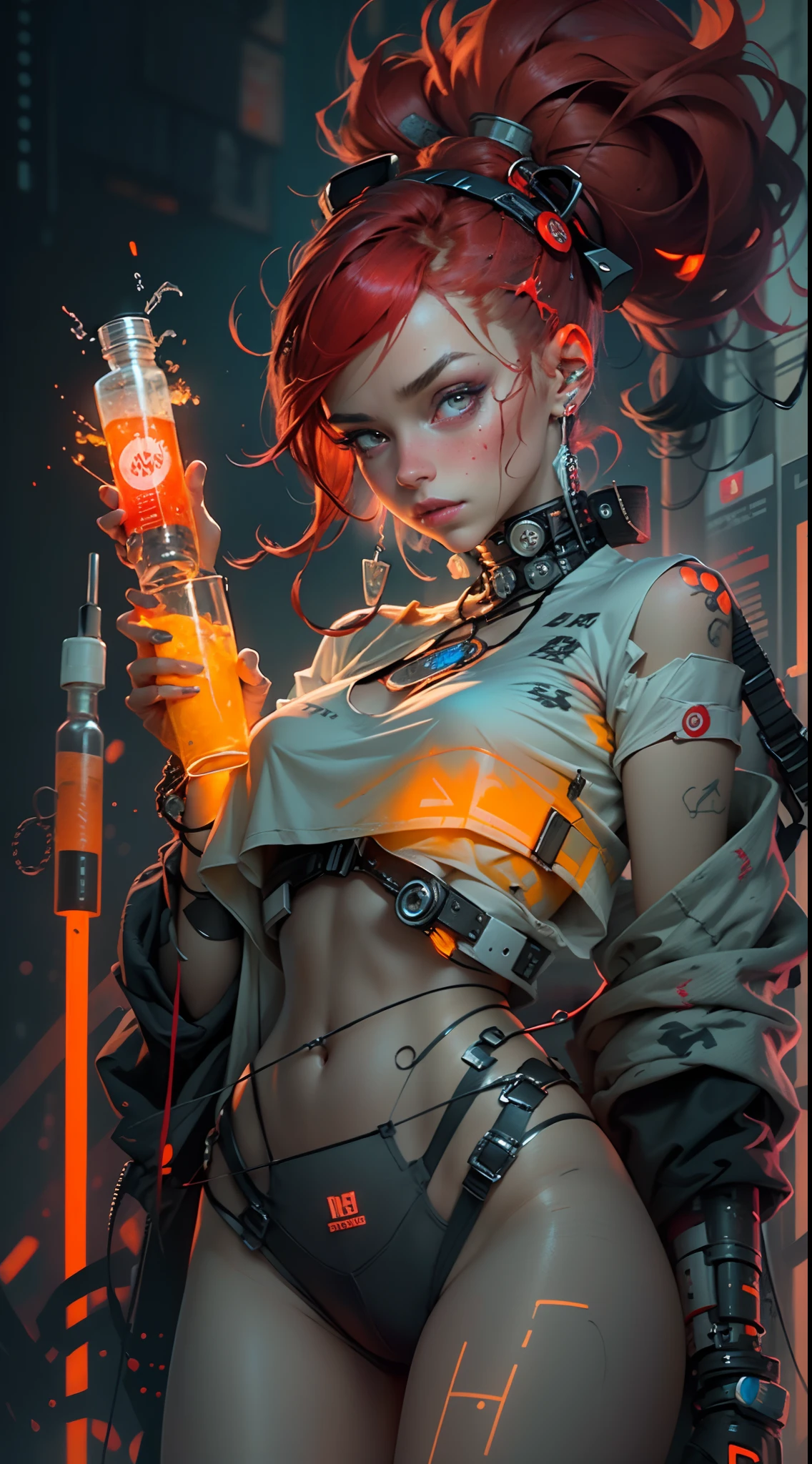 An upper body portrait of a cyberpunk girl with fiery red hair, her navel exposed, holding a syringe with a mysterious liquid, intricate cybernetic enhancements visible, tied with a rope that hints at a story of rebellion and intrigue, Digital Art, high-resolution digital painting with a neon-infused palette
