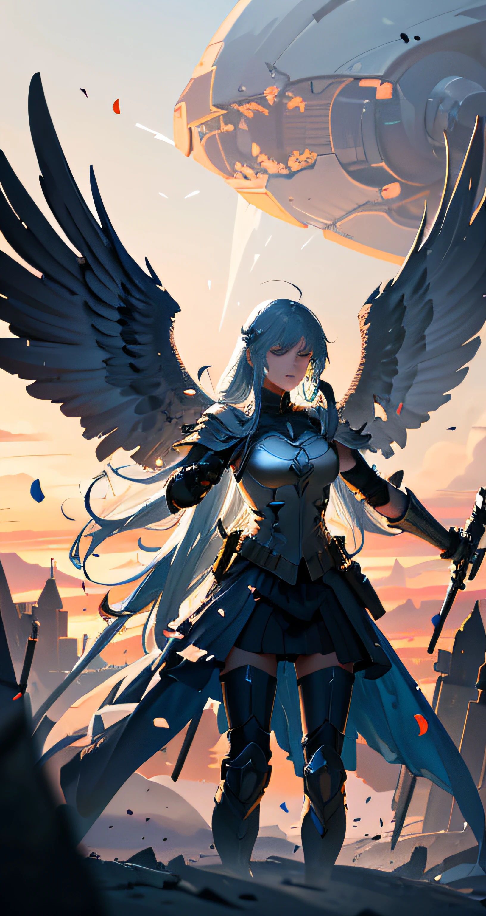 Wide-angle, whole-length, A (A beautiful Valkyrie) In his arms was a sleeping male soldier in a modern combat suit, Fly to Valhalla, After (Glorious battle, Epic), Incredible, in awe, Beautiful, Highly detailed, Carefully drawn facial features, Highest quality, Divine, The prism is similar in color, Dynamic composition, Delicate, Cinematic lighting, exalted, Striking scenes, sharp and crisp image, Ultra photo realsisim, (Petals in the air)