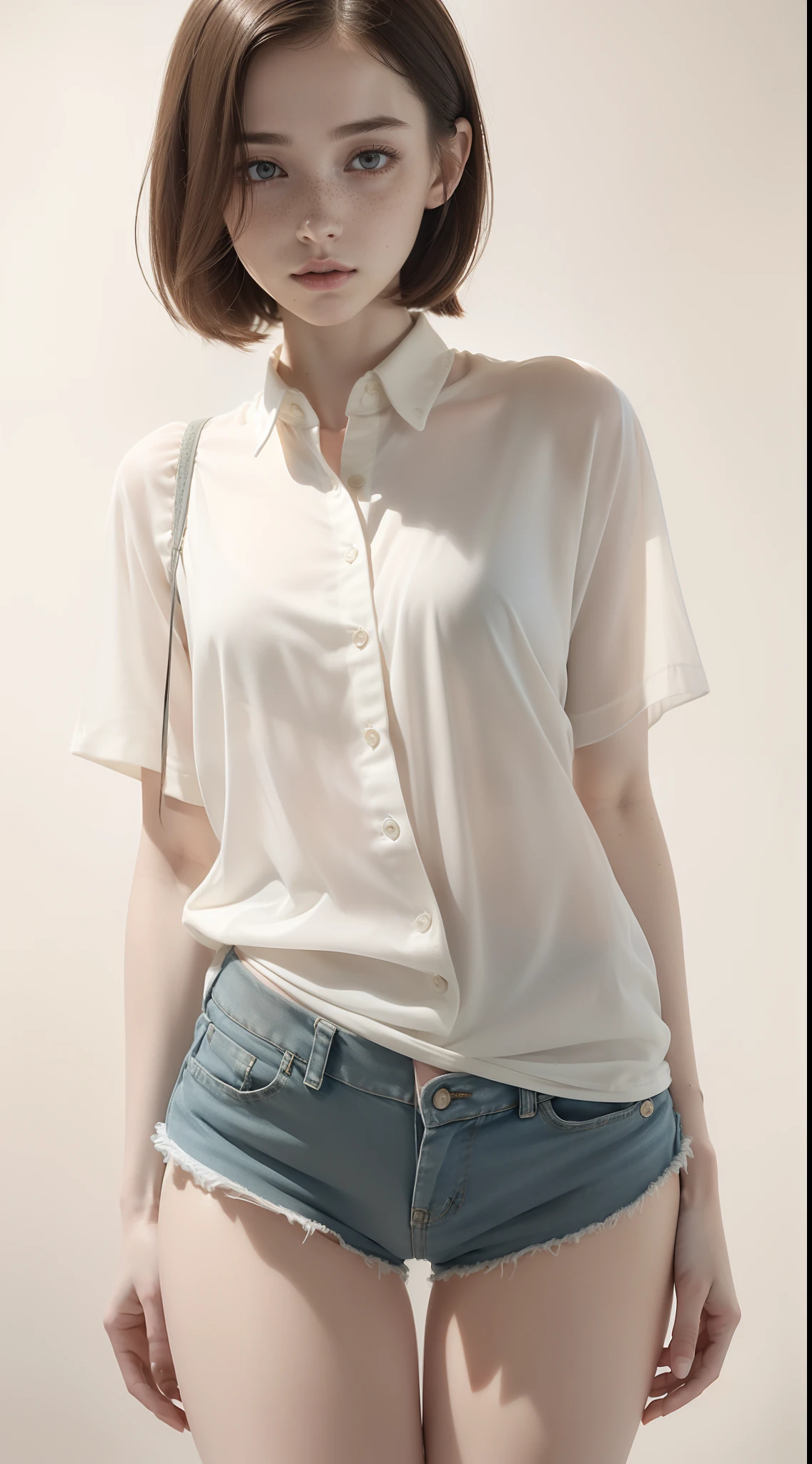 dynamic pose,1girl,pale skin,delicate face,freckles,intricate details,(baggy shirt,short shorts:1.3),small waist,(wide thigh gap:1.3,thick thighs:1.3),white background,(best quality:1.2,ultra-detailed,realistic:1.37),portrait,soft colors,polished lighting