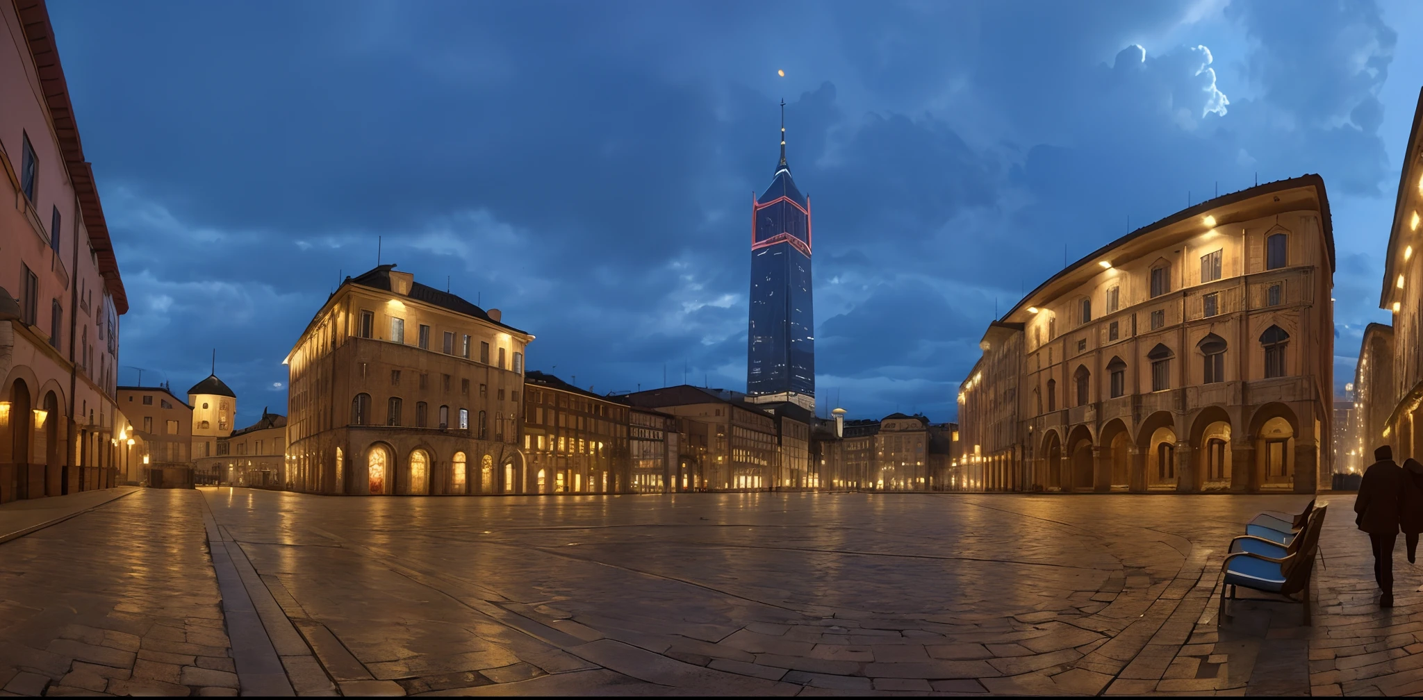 (masterpiece: 1.3), a photo of a city square of the future, postapocaliptic scenario, distopic, dramatic sky