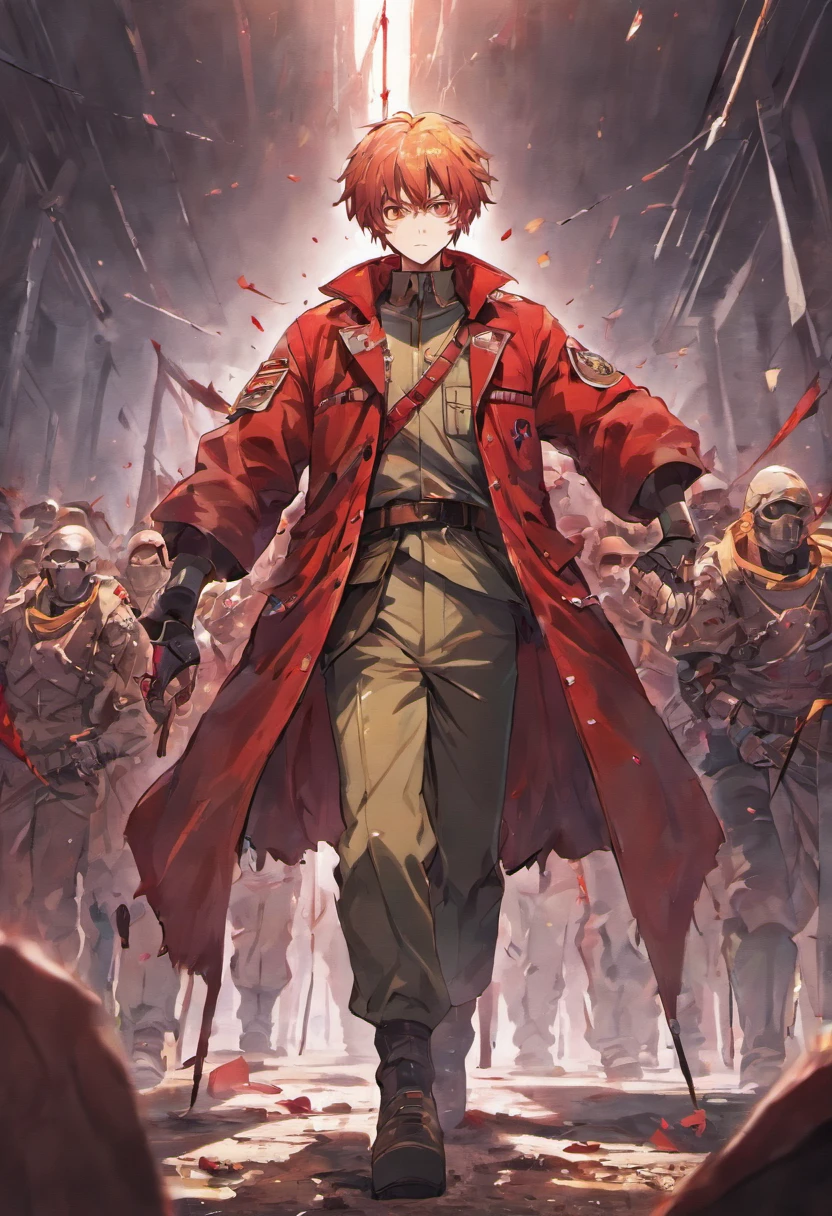 Masterpiece, a male soldier, almost dying, walking using his weapon, body covered in wounds, clothes torn, walking among a group of corpses of enemy soldiers, holding a red and white flag,modern militer