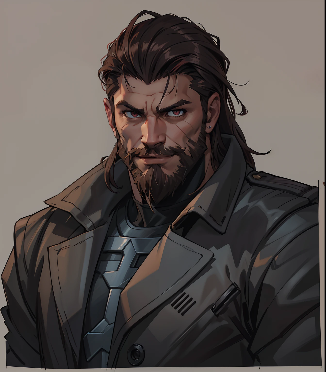 Сomics style. A close up portrait of a Todd Smith as Ares, with mullet hair and a short beard. Trending on ArtStation, athlete, handsome, defined face, detailed eyes, short beard, glowing red eyes, brown-grey hair, cruel smile, badass, dangerous. Wearing trench overcoat and simple shirt.