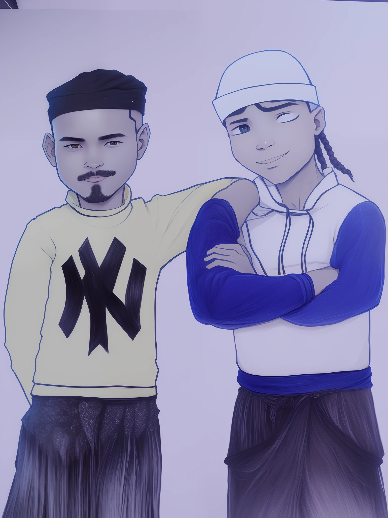 Desenho de Dois meninos negros , majo, de moleton, and black pants, one with gradient hair and another with a cloth on his head and braided hair, anime , Realismo, realista, 4k