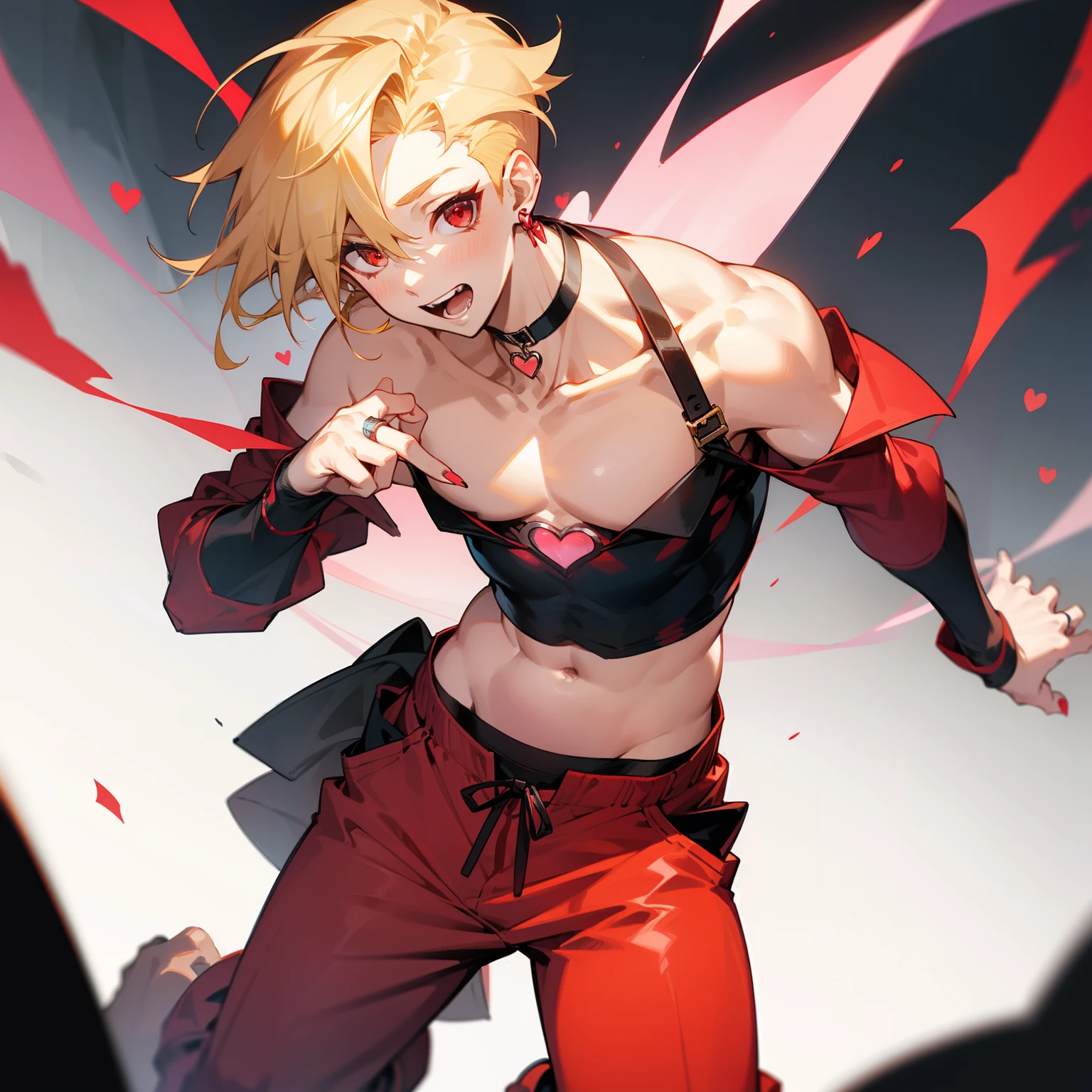Bra Top, blonde guy, jewely, Ring, Blonde hair, Solo, Red heart symbol, Red Eyes, Looking at the viewer, Red Nails, Short hair, Undercut, A smile, One Boy, Open mouth, Male Focus, Jersey pants, Navel, Choker, off shoulders、Red heart earrings、The mowed part is black、break dance、Asymmetrical hairstyle