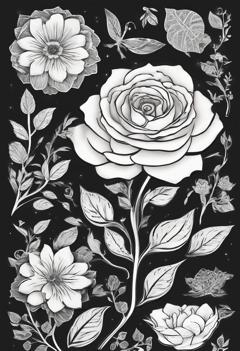 Black and white stick figure 1 rose flower, fine ink line art, comic style, beautiful line art, black and white comic style, manga style, manga art style, pencil and ink drawing, black and white coloring, blank background