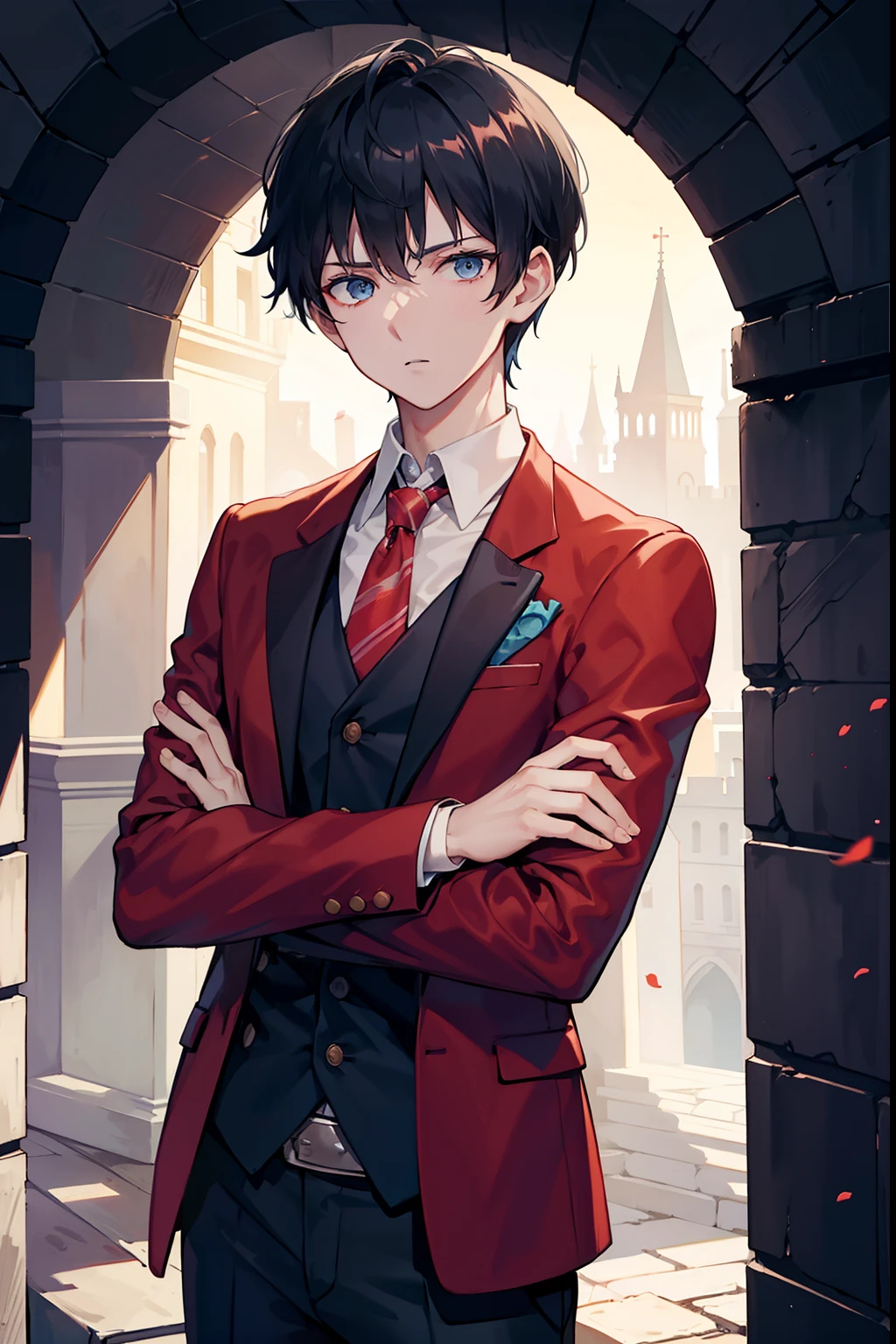 blazers The shirt slacks lowfers A dark-haired short hair blue eyess male people twinks {{ember}} Inside the castle His arms folded
