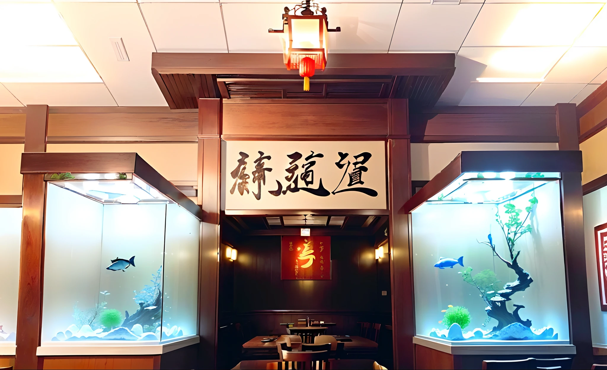 a chinese restaurant with wooden decorations and aquariums, statues, warm white lighting.
