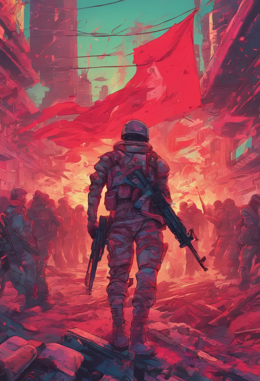 Masterpiece, a male soldier, almost dying, walking using his weapon, body covered in wounds, clothes torn, walking among a group of corpses of enemy soldiers, holding a red and white flag,modern militer